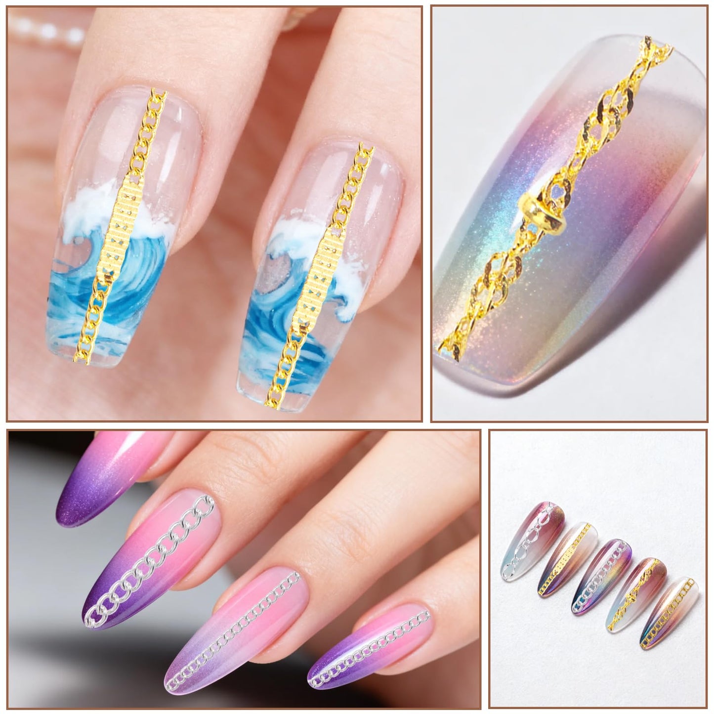 DANNEASY 24 Strips Nail Chain Charms, 3d Metal Nail Charms, Gold Silver Nail Art Chains Studs Nail Jewelry Chains for Manicure Decoration DIY Nails Accessories