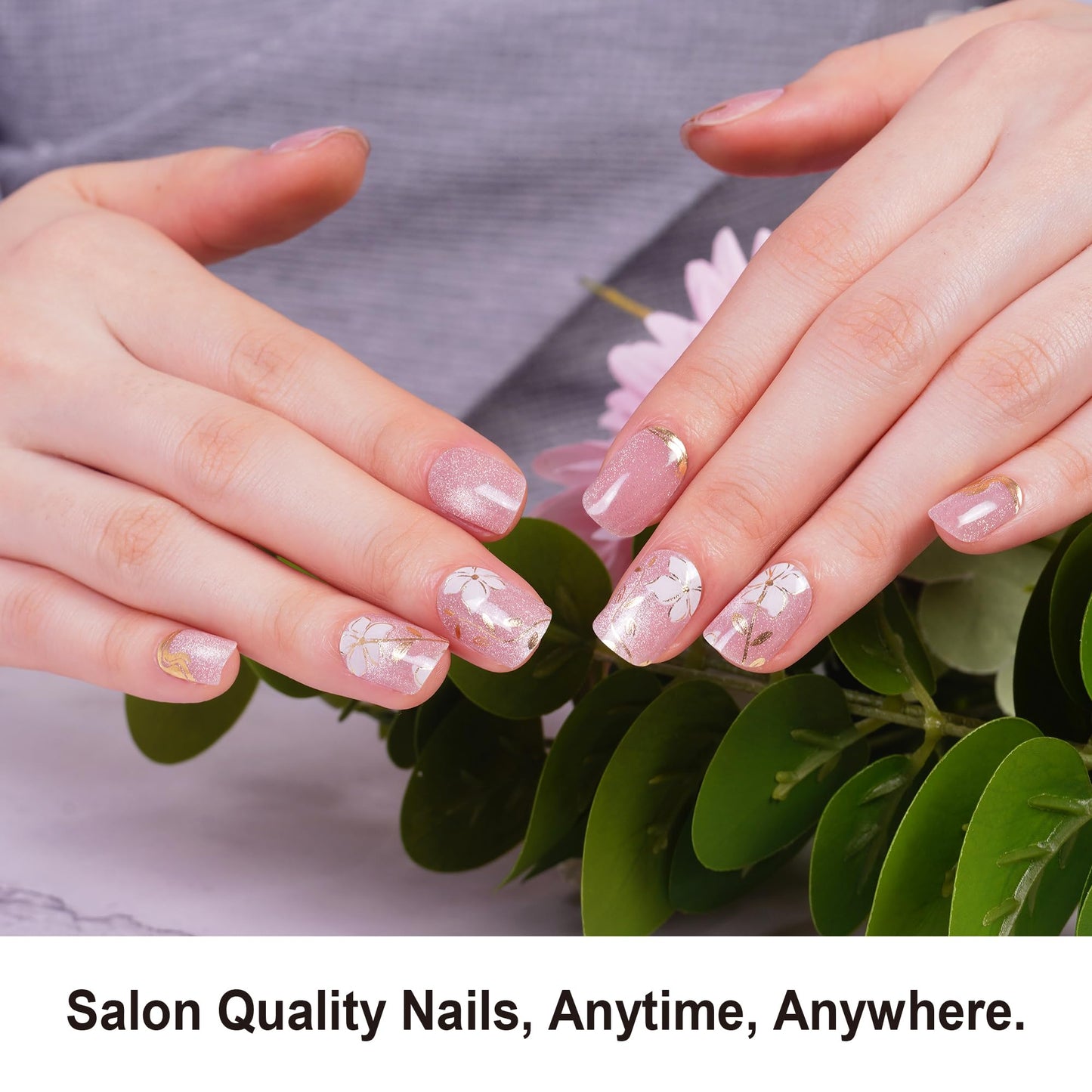 DANNI & TONI Semi Cured Gel Nail Strips Flower Nude Pink Cat Eye Gel Nail Stickers 28 Stickers Gift for Woman | Floral Grace