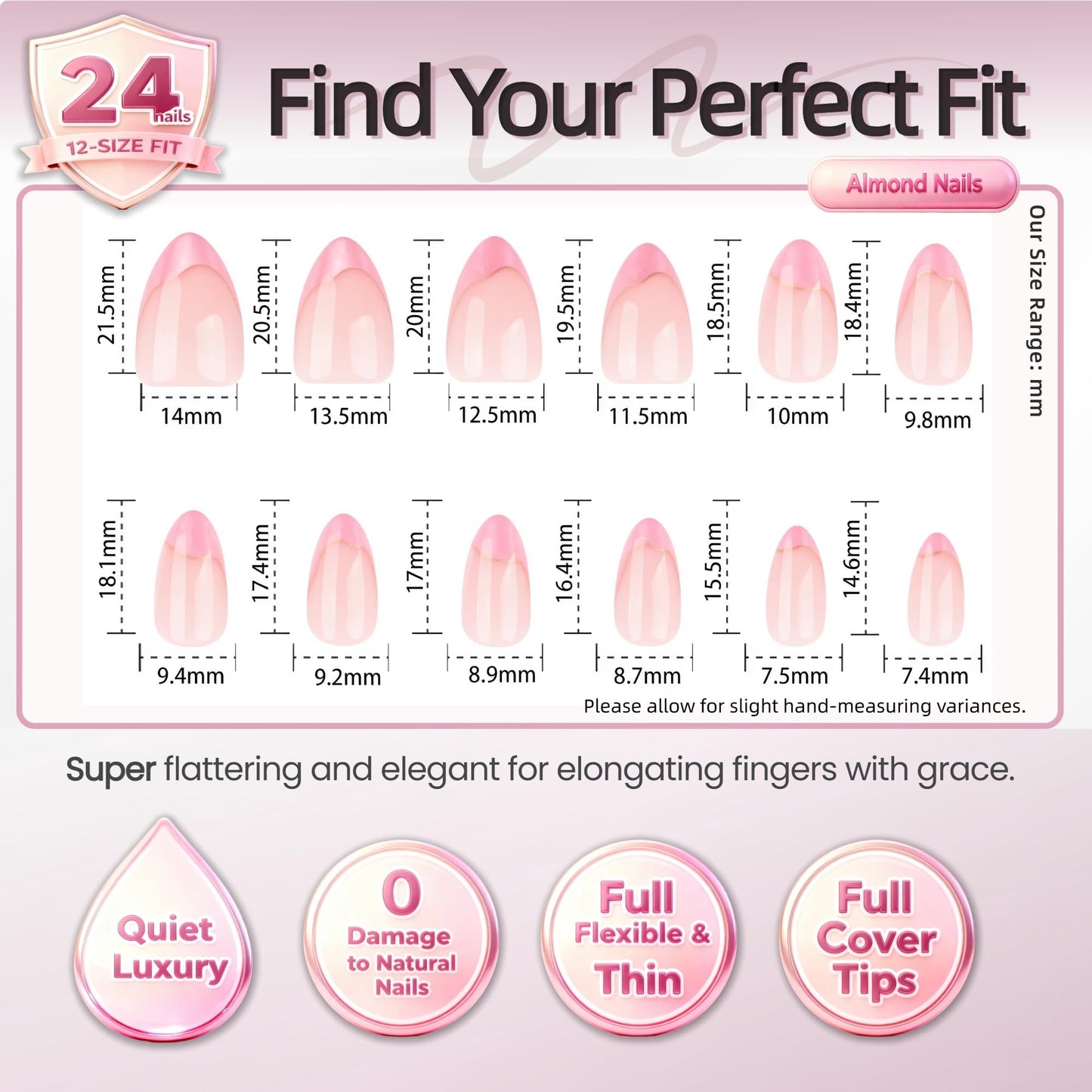 Taoyisent 24PCS Pink Cat Eye French Tip Press on Nails, Short Almond Glitter Fake Nails with Gold Line Design, Glossy Nude Full Cover Acrylic Nails Reusable Stick on Nails for Women