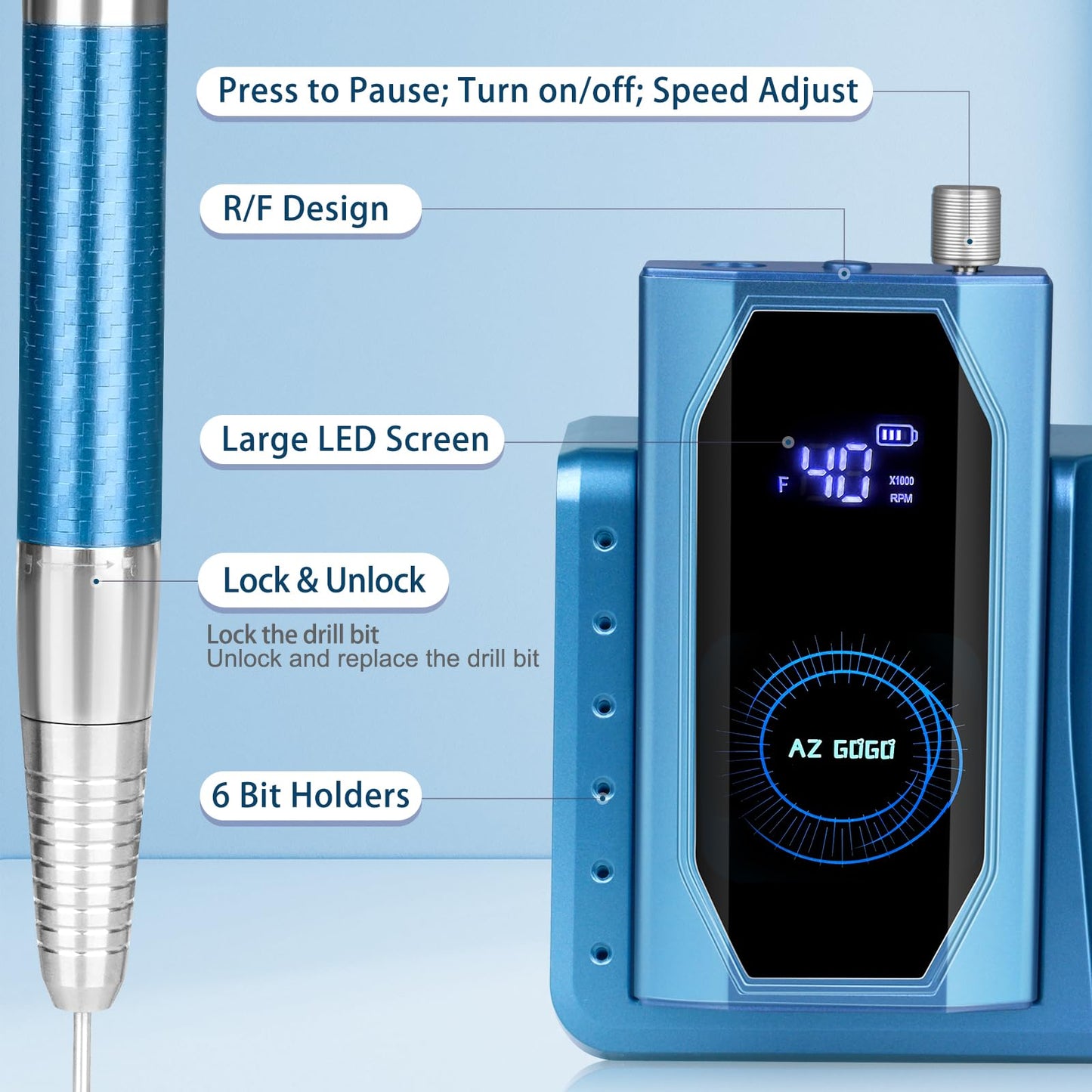 Professional Brushless Nail Drill, AZ GOGO 85W Cordless Electric Nail File 40000RPM Rechargeable Portable Nail Drill Machine for Gel/Acrylic Nails Salon Level (Blue)