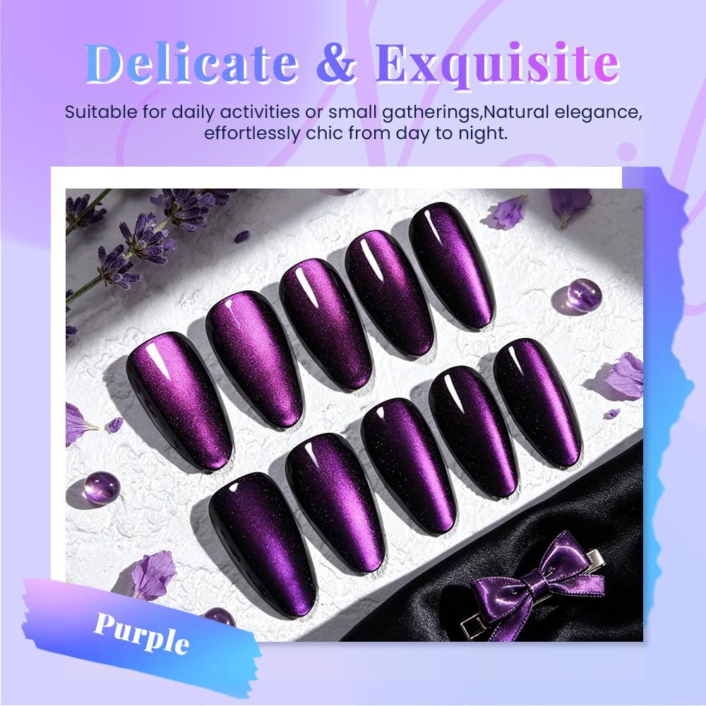 XZMeiLun Cat Eye Purple Press On Nails Almond Medium, Magnetic Acrylic Fake Nails Stylish Design, Salon-Quality Shiny Finish, Reusable Stick On Nails Kit for Women, Daily Wear (No Glue Included)