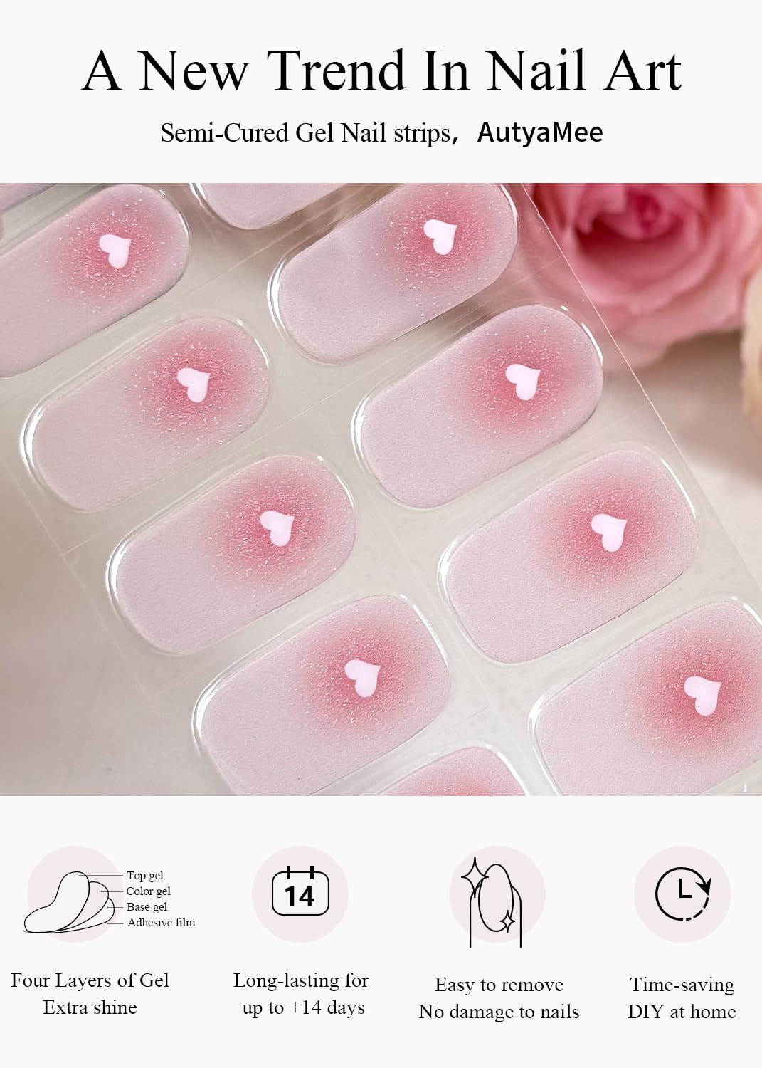 AutyaMee Semi Cured Gel Nail Strips (Pink Blurred Heart), Valentine's Day, 20 Pcs Gel Nail Wraps, Stickers, Salon Quality, Works with Any UV Lamps