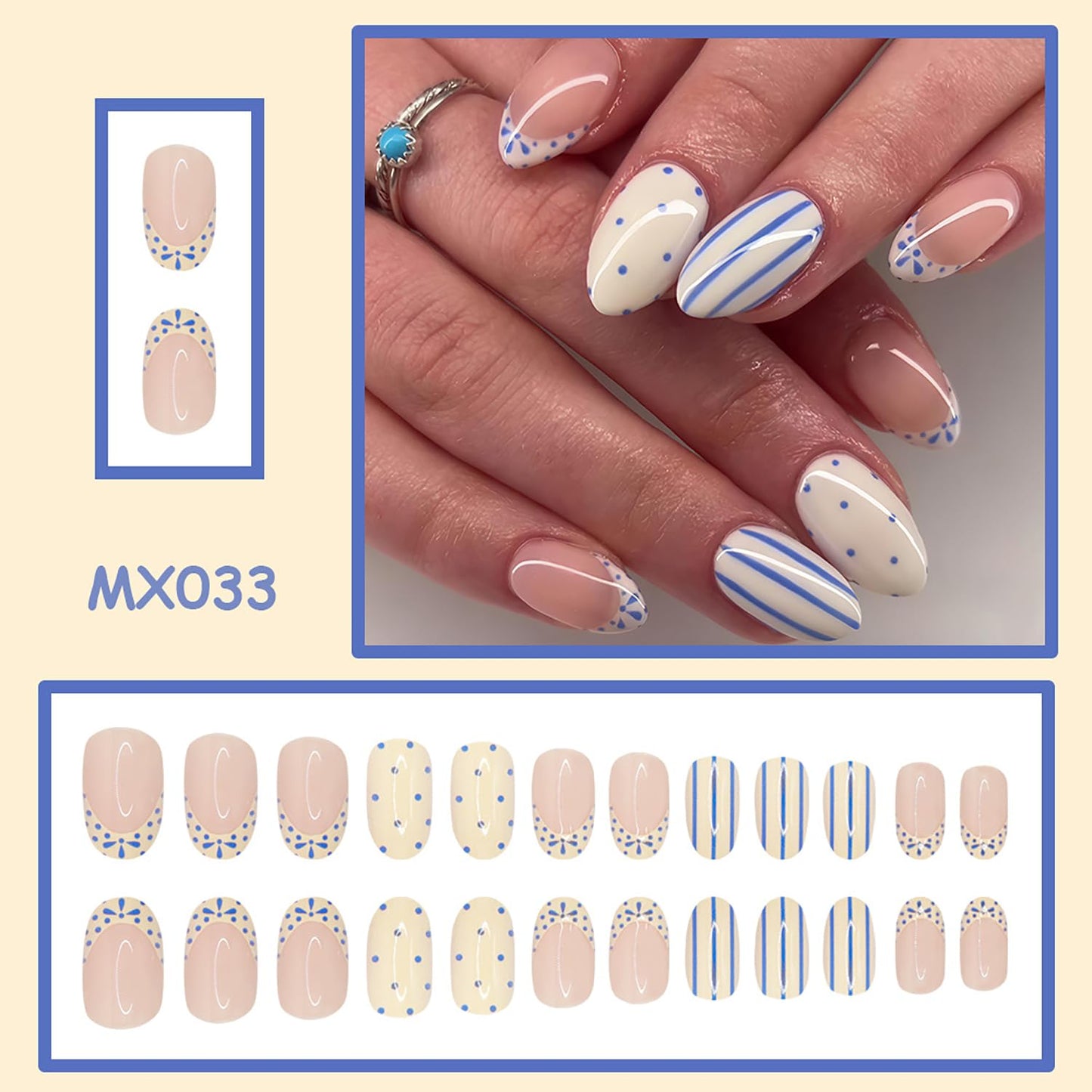 Polka Dot Press On Nails Short Almond Fake Nails French False Nails With Blue Stripe Design Reusable Acrylic Nail Press Ons Glossy Full Cover Glue On Nails For Women Manicure 24Pcs