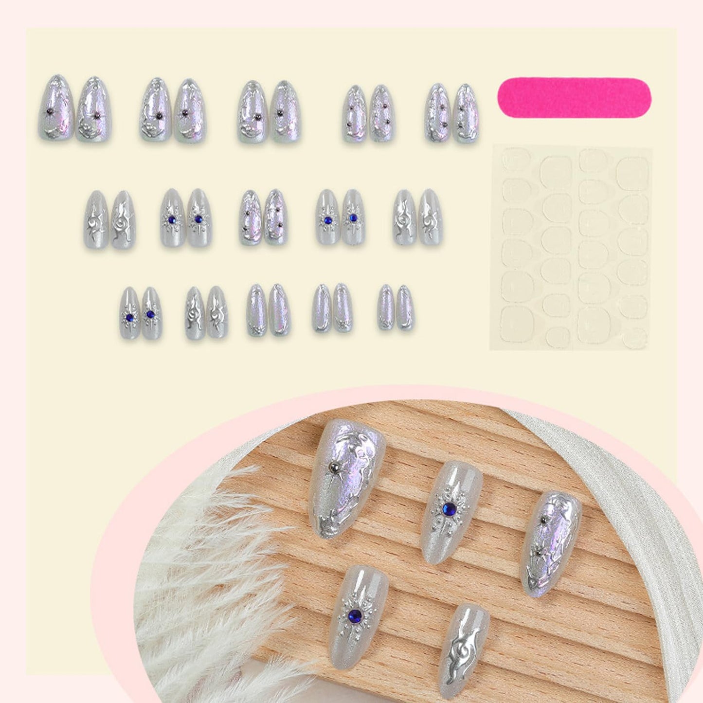 30Pcs Chrome Silver Press on Nails Short Almond French Fake Nails with 3D Blue Rhinestone Design Y2K Star Sun False Nails Glitter Full Cover Irregular Metal Silver Artificial Stick on Nails for Women