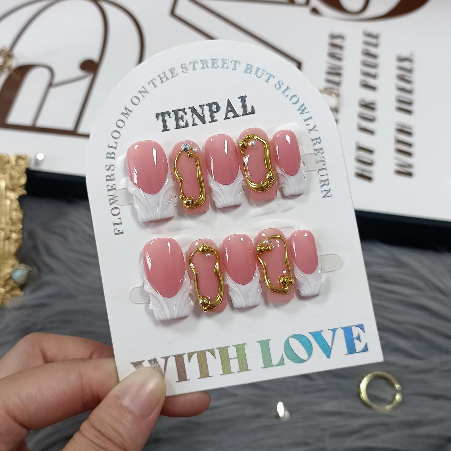 TENPAL Sheer Handmade French Tips Press on Nails Long Square 3D Embossed White Tip Nude Pink Fake Nails for Parties Daily Modern Minimalist Glossy False Nails for Women Gifts 10pcs(M)