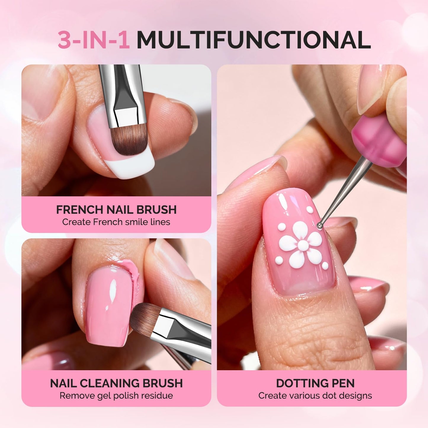 MelodySusie 4Pcs Dual-Ended French Nail Brush and Dotting Pen Set, Size #10#12#14#16 with Brush Holder, for French Tips Nail Clean Up and Nail Dotting