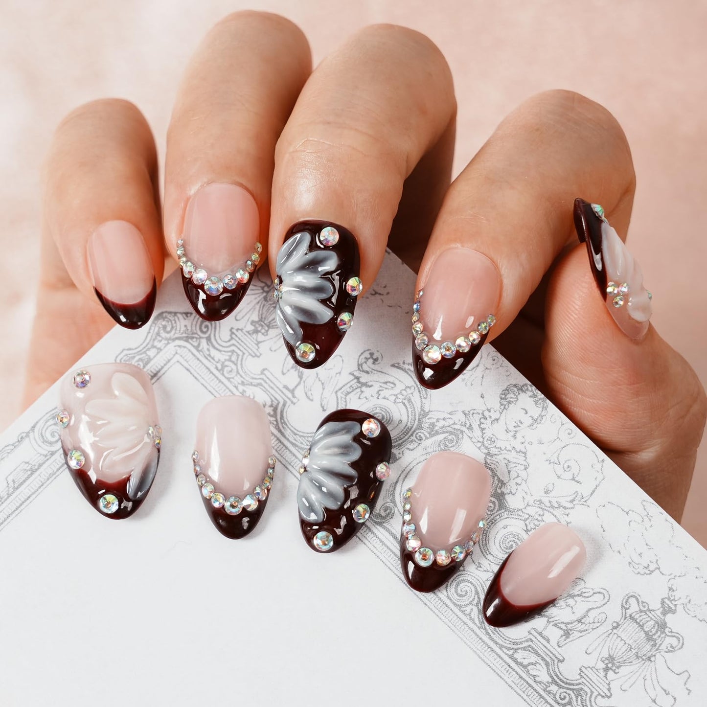 Tesytto Short Almond Press on Nails, Nude Pink Dark Burgundy Ombre Fake Nails with 3D Floral & AB Rhinestone, Handmade Salon Quality Reusable False Nails for Women (Burgundy Bloom Gem,S)