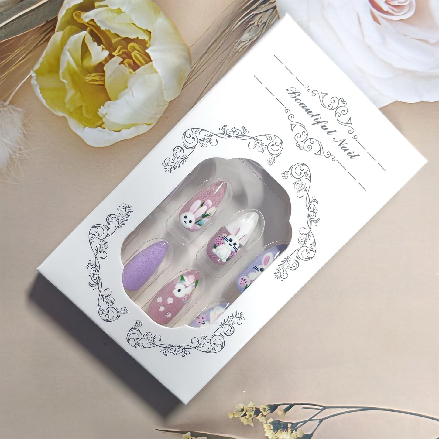 CJDLTS Flowers Easter Press on Nails Medium Artificial Almond Acrylic Fake Nails Cute Cartoon Rabbit Design Press Ons Artificial Fingernails Full Cover Glossy for Women Festival Manicure 24Pcs