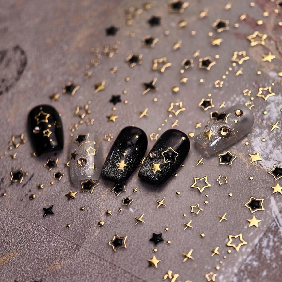 Gold Star Nail Art Sticker 5D Embossed Gold Black Star Design Nail Art Sticker Self Adhesive Nail Decals Supplies Accessories for Women Manicure DIY Decoration