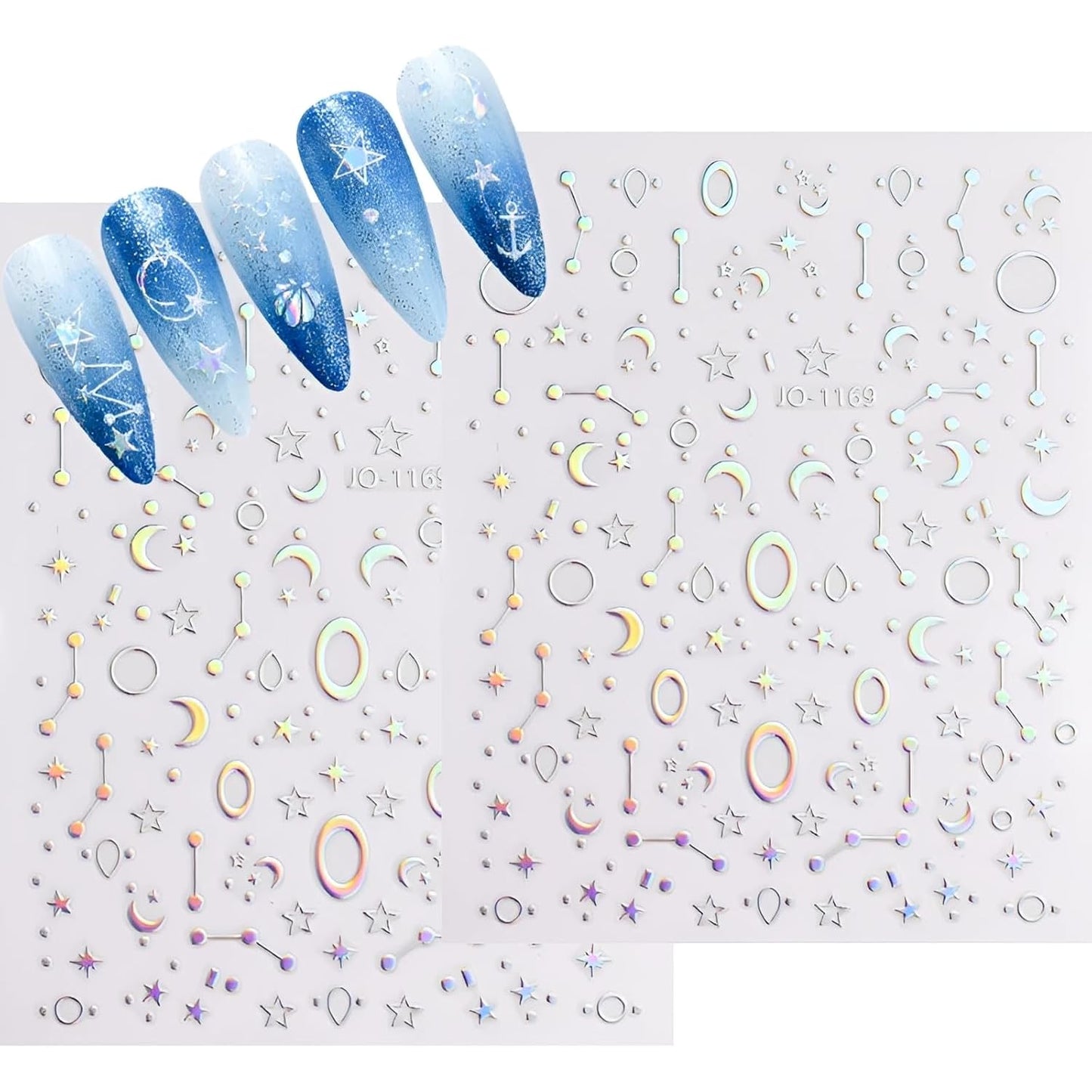 12 Sheets Aurora Nail Stickers for Nail Art 3D Self Adhesive Moon Star Nail Art Stickers Aurora Nail Decals Glitter Holographic Nail Design Heart Nail Art Supplies DIY Manicure Decorations for Women