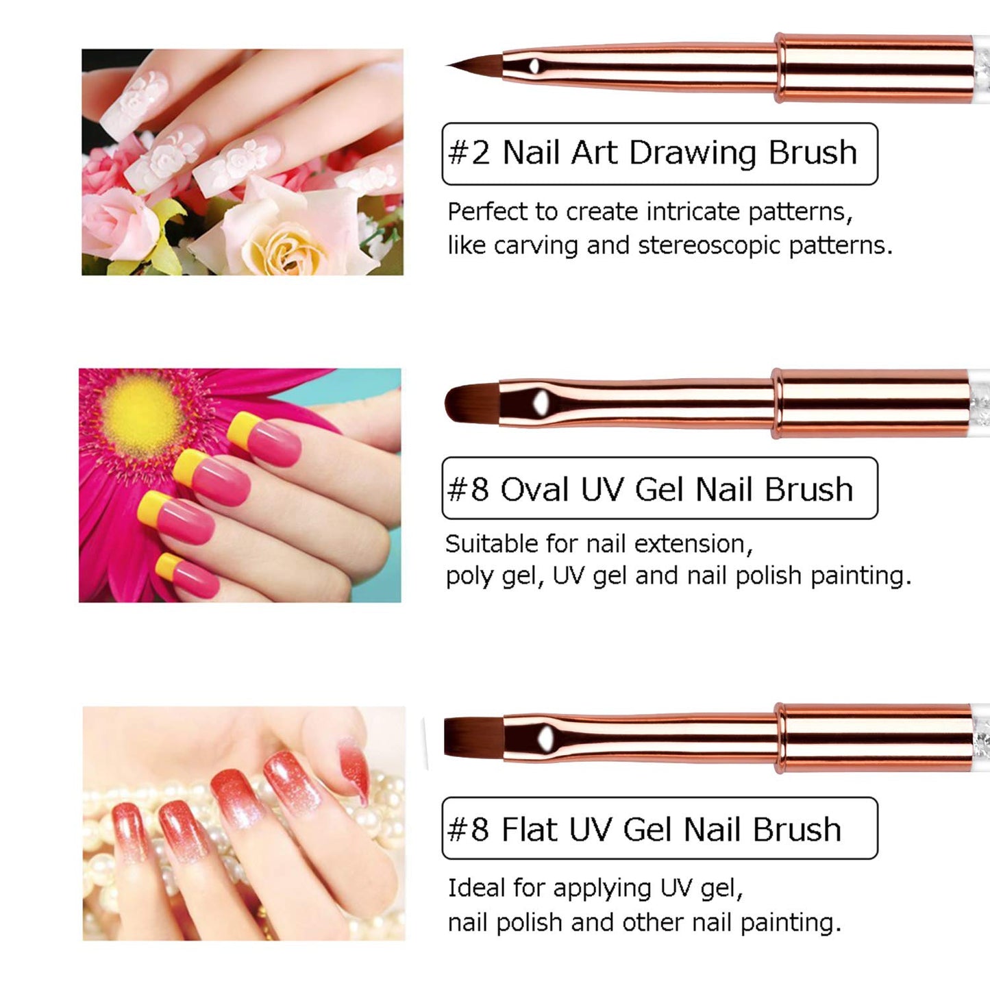 Ycyan 5pc Nail Art Brush Set - Rose Gold Rhinestone Handles with Gel Polish, Liner, Drawing Brushes for Salon & DIY Manicure