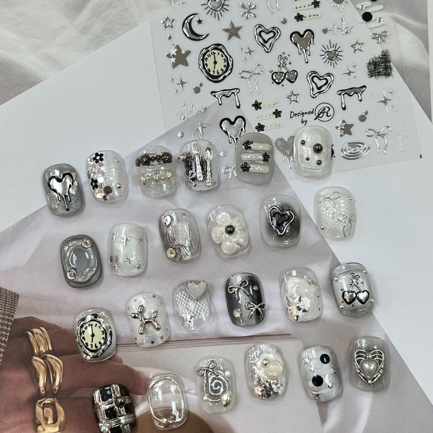 Silver Bow Heart Nail Art Stickers 5D Embossed Valentine's Day Nail Stickers Moon Star Nail Decals with Metal Design Clock Nails Supplies for Women Girls DIY Manicure