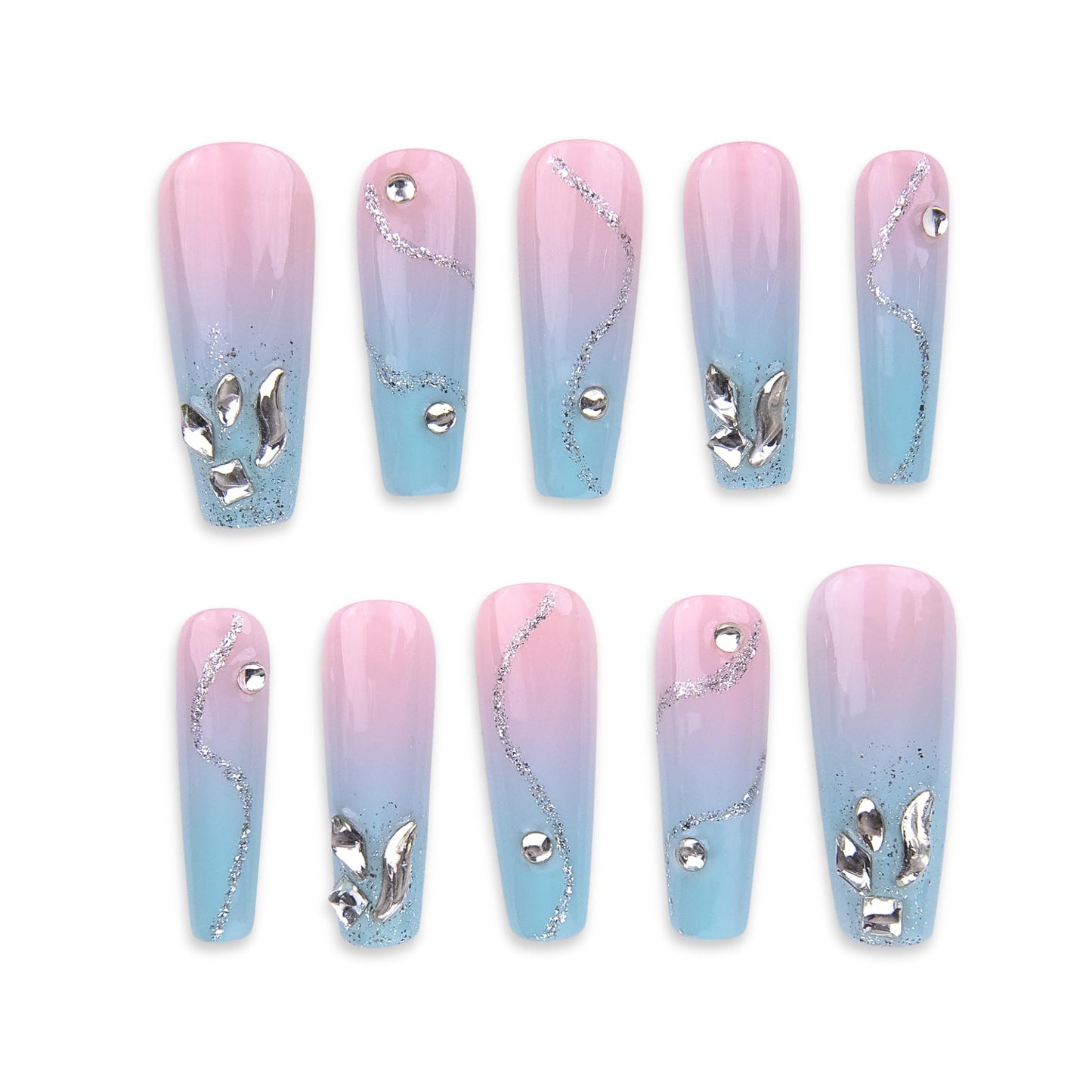 SIYOU Beauty | Mermaid Shore | Pink and Light Blue Mermaid Long Coffin Press On Nails for Women (Large) - Reusable, Salon-Quality Fake Nails (10pc)