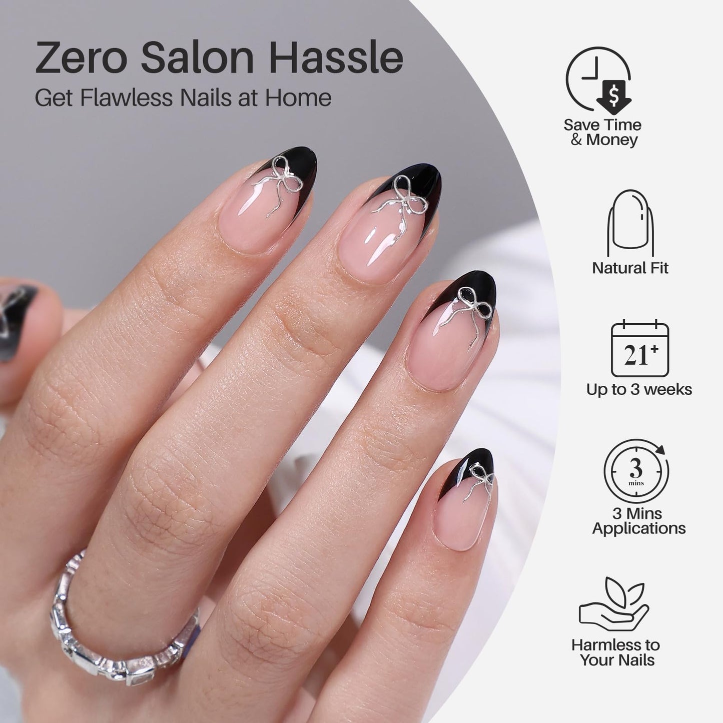 SHANGMENG Black French Tip Press on Nails Short with 3D Bow Design - Soft Gel Almond Fake Nails for Women Gift, Natural Stick on Nails with Glue in 16 Sizes - 32 Reusable Nails, Silver Ribbon