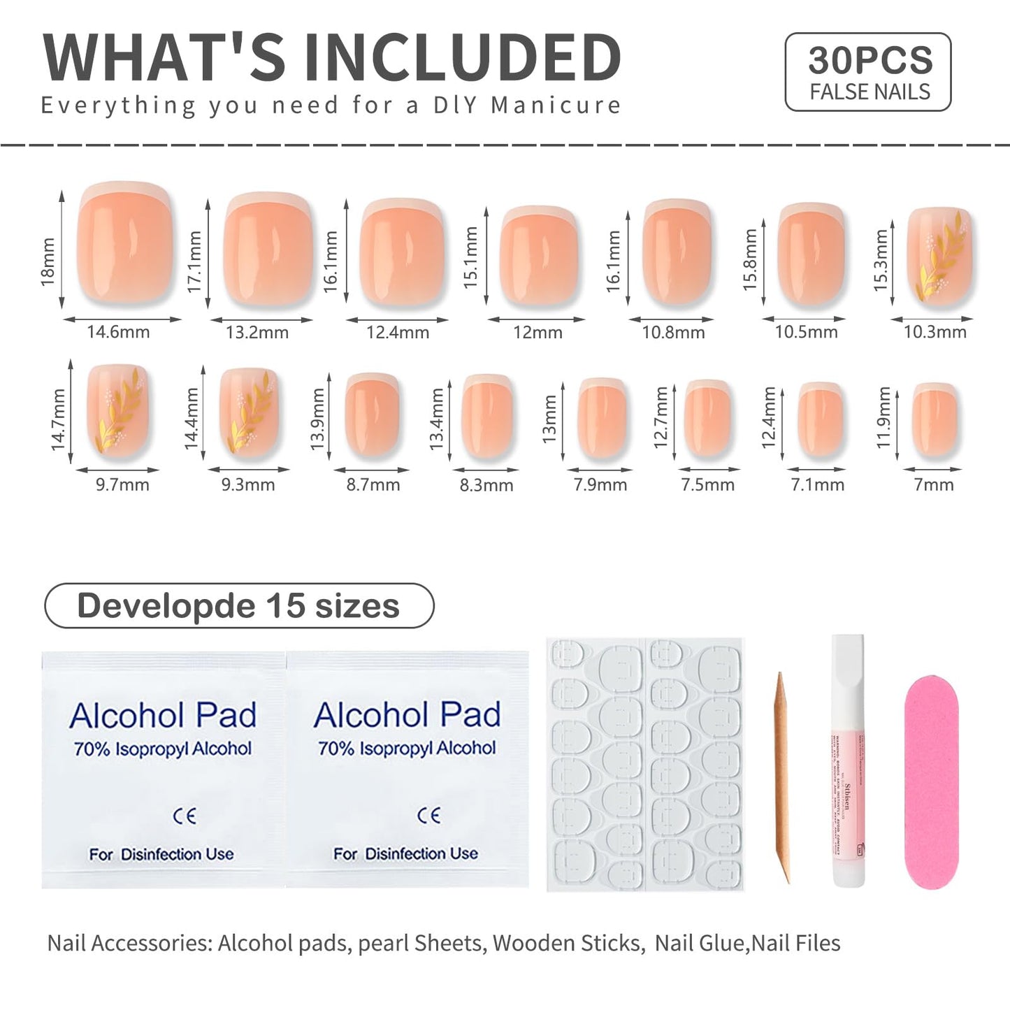 Stbisen French Press On Nails Short Square, Soft Pink Base Fake nials with White French Tip and Gold Leaf Accent Design, Glossy Reusable Elegant Glue On Nails for Women, Perfect for Daily Wear, 30Pcs