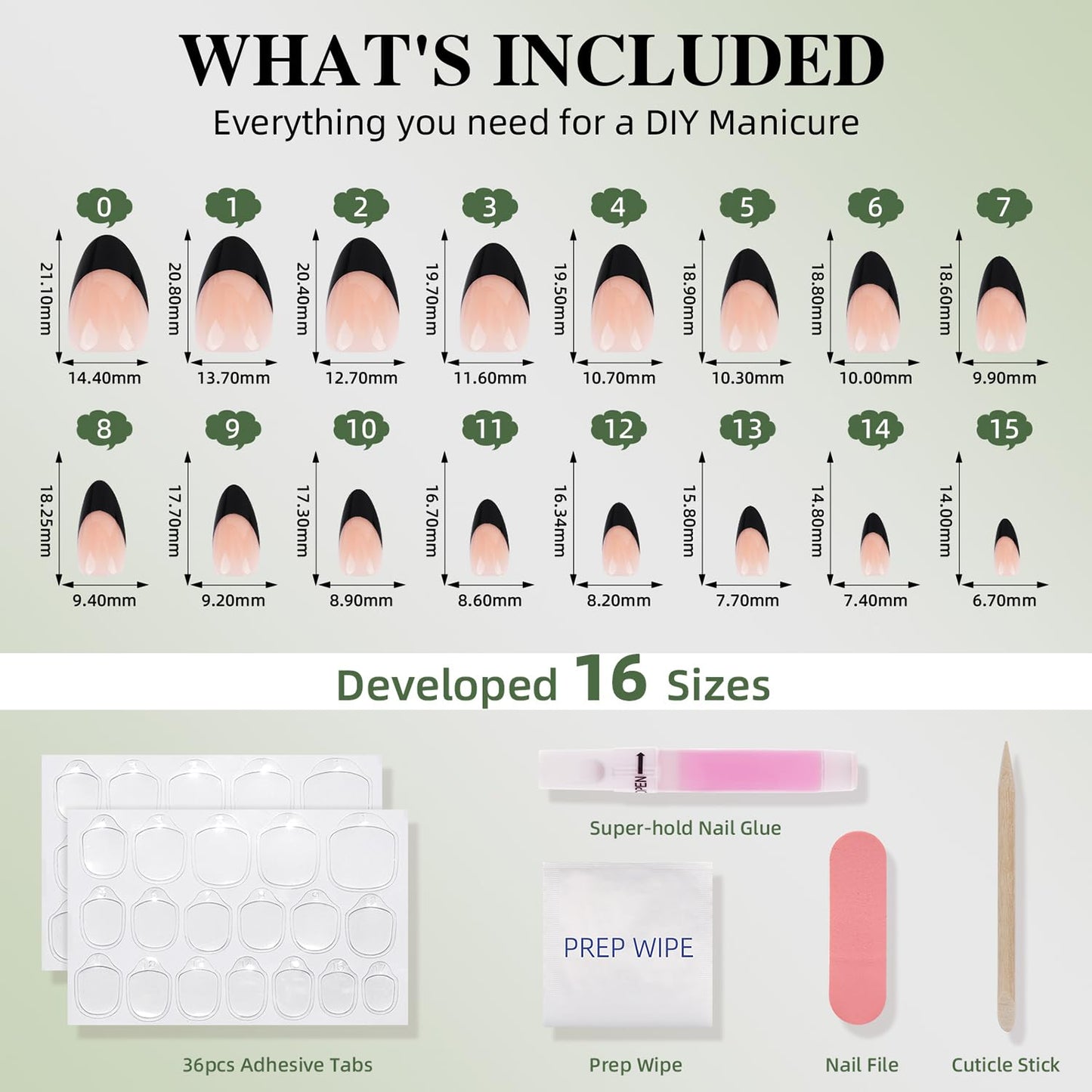 Black French Tip Press On Nails - Black Short Almond Fake Nails, French Tip Press On Nails Reusable Stick On Nails in 16 Sizes, 32pcs False Nail Kit for Women & Girls