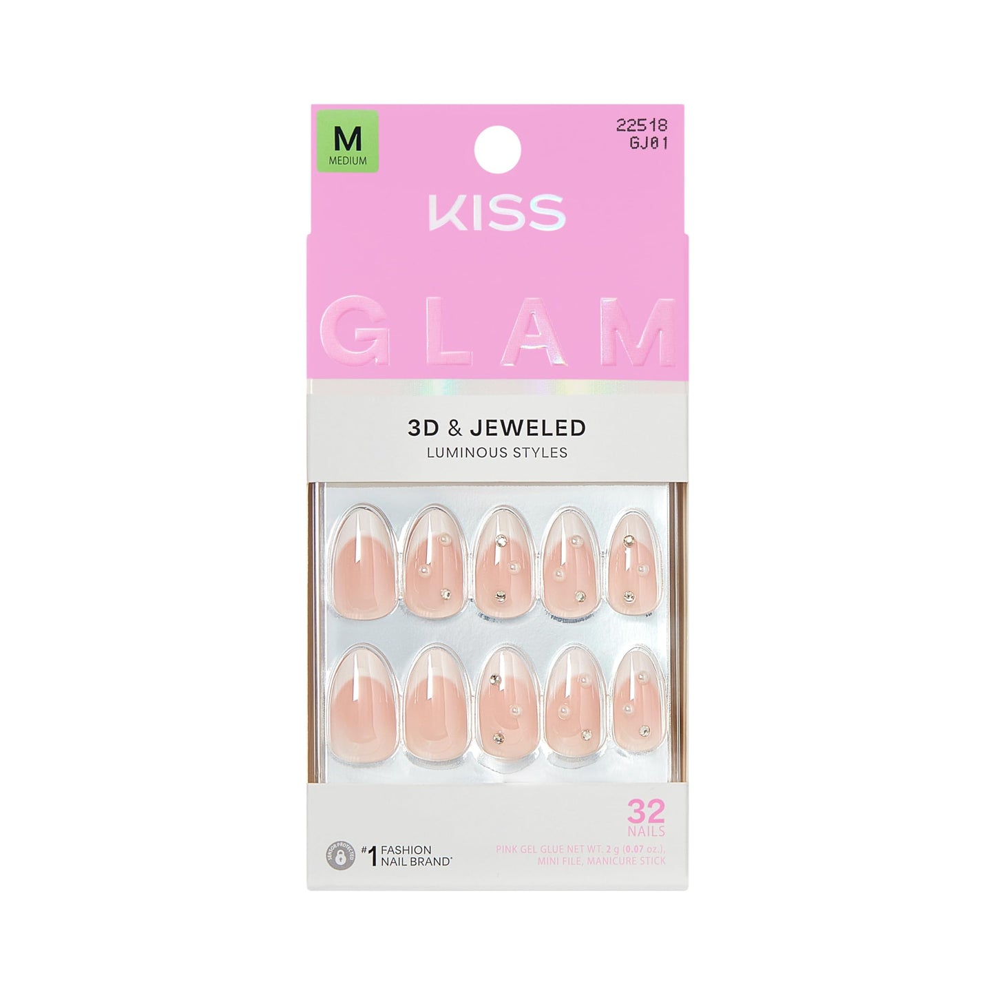 Kiss Glam, Press On Nails, Nail glue included, 'Serendipity Awaits', White, Medium Size, Almond Shape, Includes 32 Nails, 2g Glue, 1 Manicure Stick, 1 Mini File