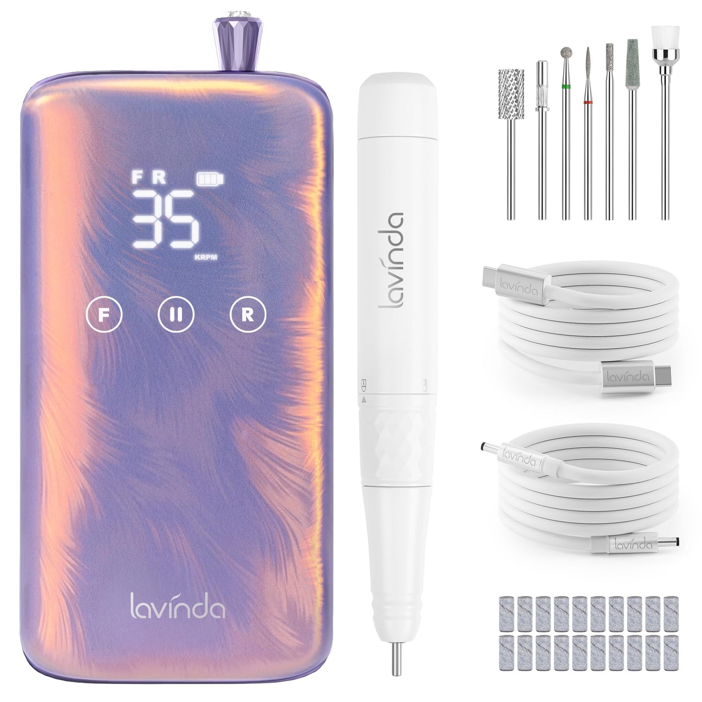 Lavinda Professional Nail Drill – 35,000 RPM Rechargeable Electric File, Iridescent Pearl Finish with Seamless Touch Screen, Cordless, Fast-Charging 3000mAh Battery & 8-Piece Bit Set for Salon