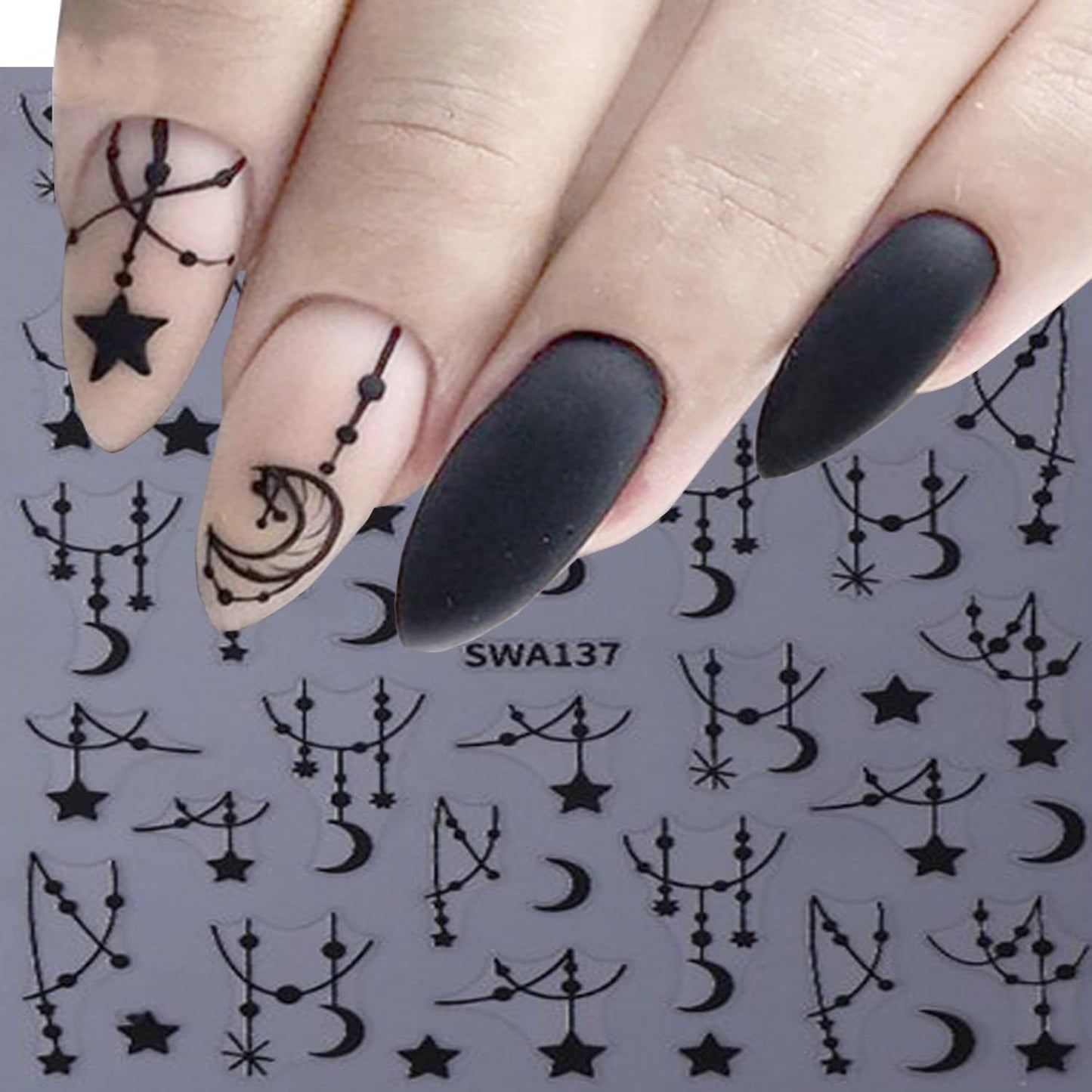 CJDLTS 6 Sheets Moon Star Nail Art Stickers 3D Self -Adhesive Hollow Stars Nail Decals Holographic Black & Silver Pendant Star Moon Nail Stickers Unique Nail Decoration for Women Manicure Supplies