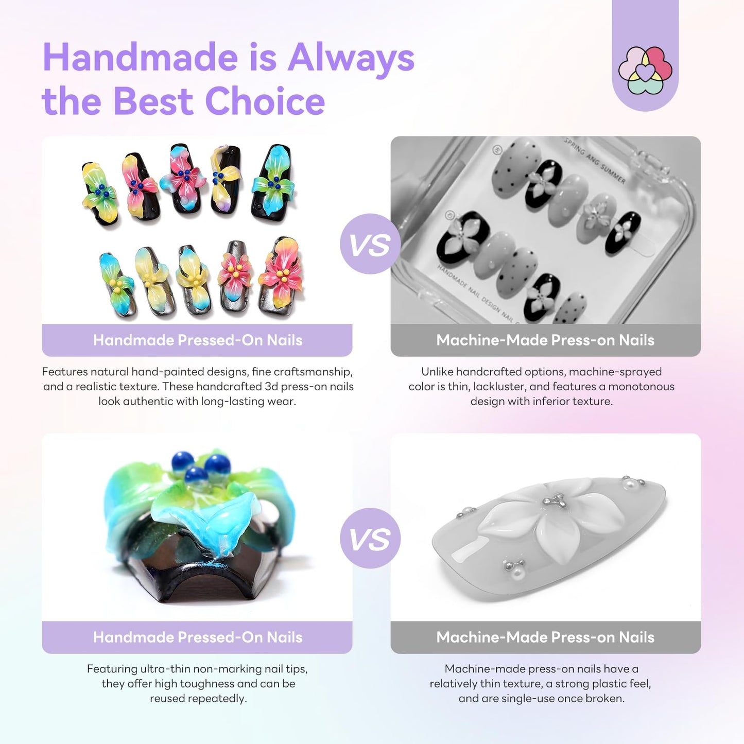 SAVILAND Handmade 3D Press on Nails Kit: Instant Transformation Press on Nails Long Lasting with Nail Glue Nail Adhesive Tabs 10Pcs Flower Fairyland Nail Tips No U V Need (Size M/S)