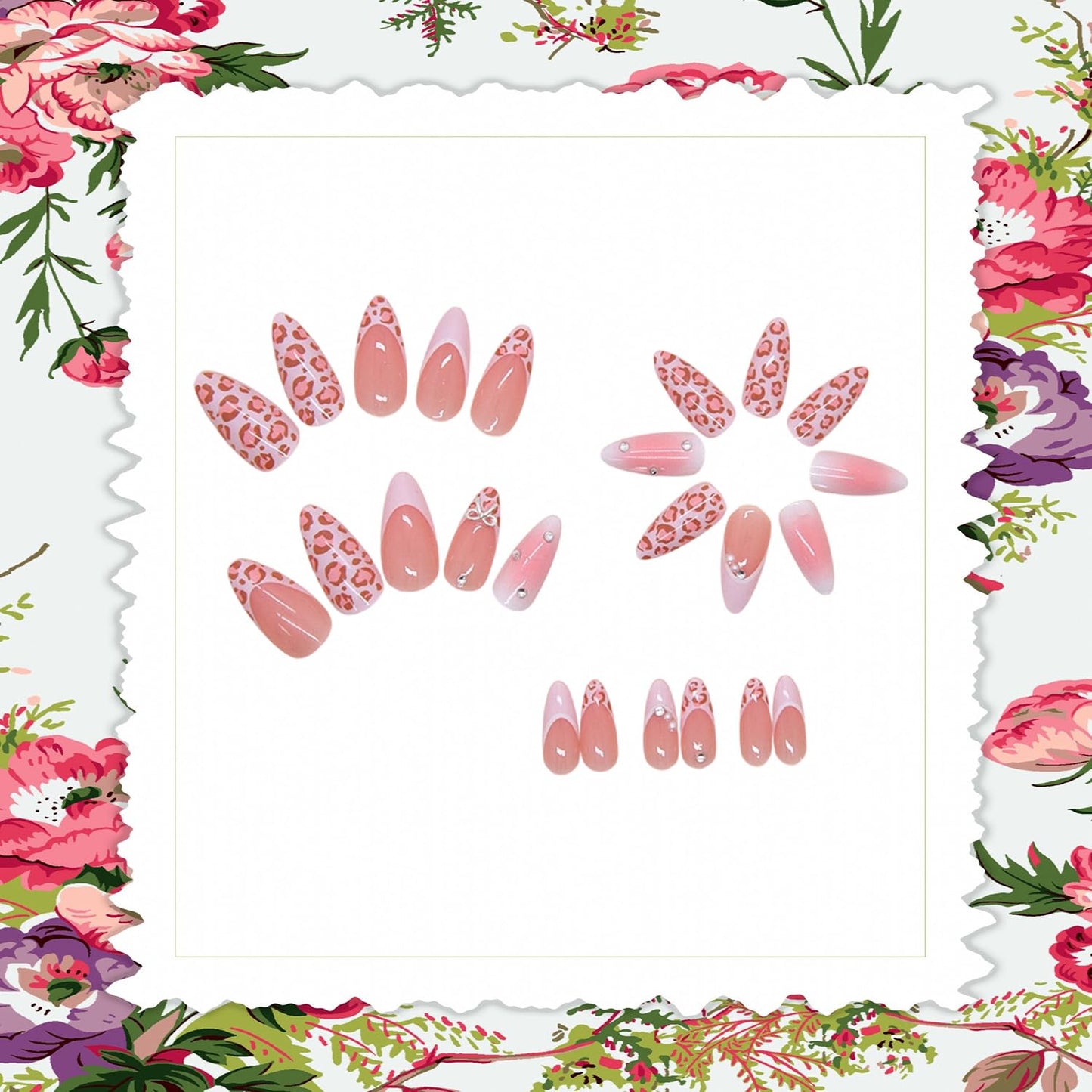 Nude Pink Press on Nails Medium Almond Artificial Acrylic French Tip Fake Nails Pink Leopard Print with Silver Bow Rhinestones Stick on Nail Artificial Fingernails Press Ons Nail for Women Manicure