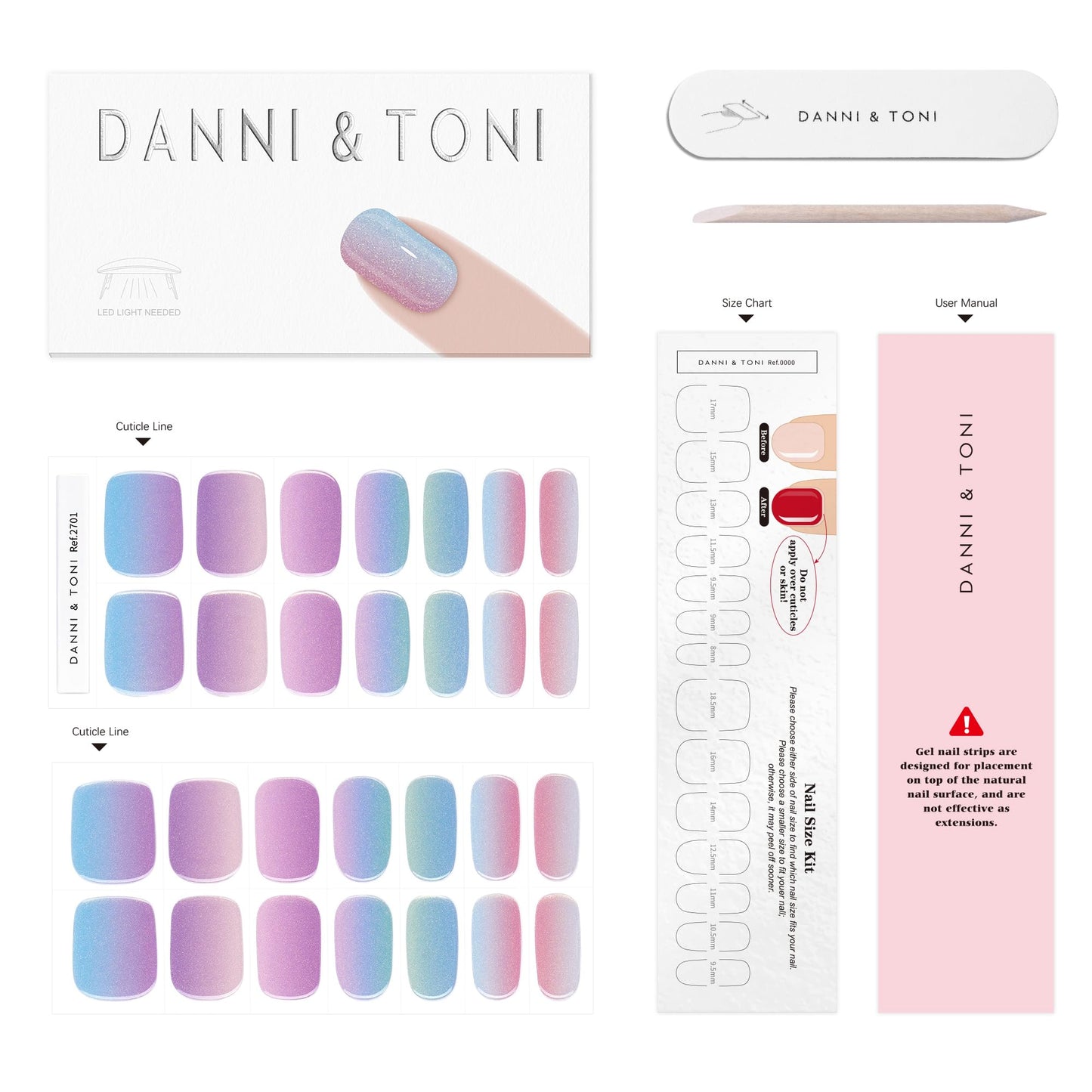 DANNI & TONI Semi Cured Gel Nail Strips Holographic Multicolor Chrome Mirror Gel Nail Stickers 28 Stickers Gift for Woman | Magic Hues