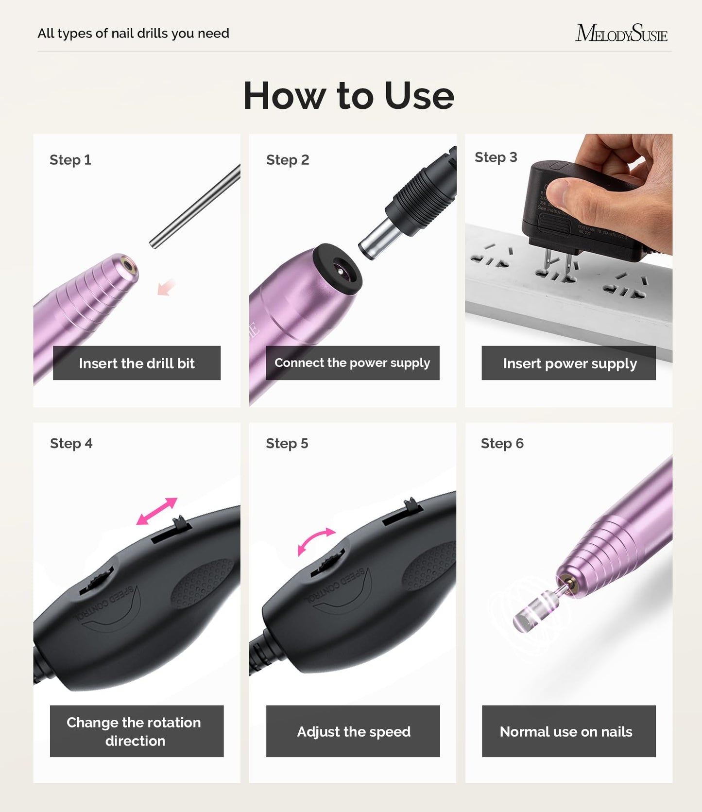 MelodySusie PC120B Portable Electric Nail Drill and 6pcs Nail Art Brushes Set
