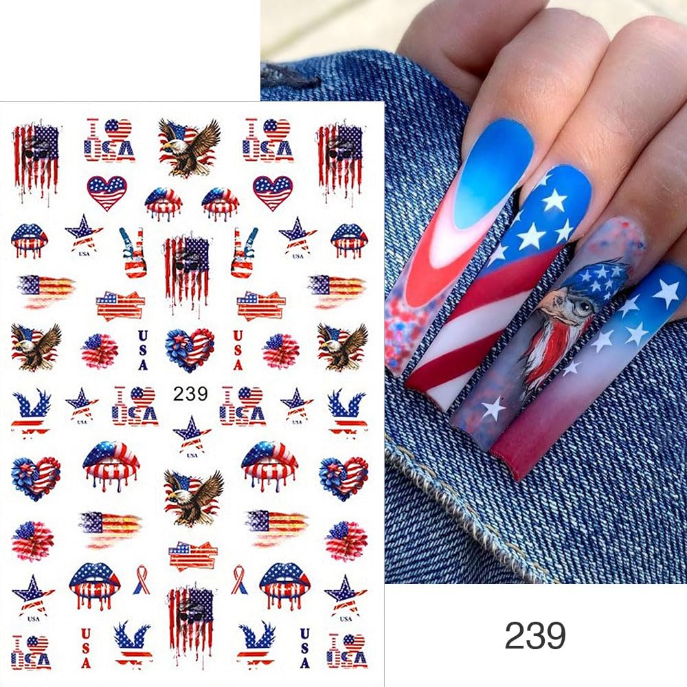 4th of July Nail Art Stickers Red Blue White American Flag Nail Stickers Fireworks Eagle Nail Decals Independence Day Patriotic Nail Art Supplies for Women DIY Manicure Nail Decoration 6Pcs