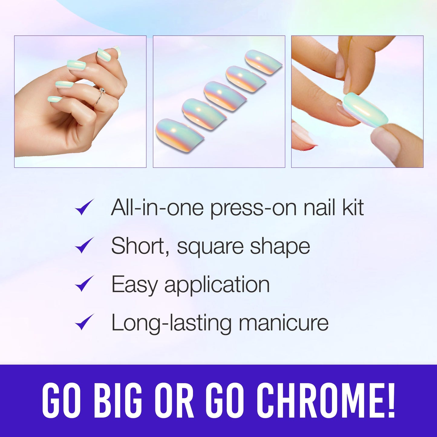 Ardell Chrome Press On Nails Aura – Mirror-Like Chrome Finish Fake Nails, Reusable Glue On Nail for Instant Salon Manicure, Nail Kit, 1 Pack