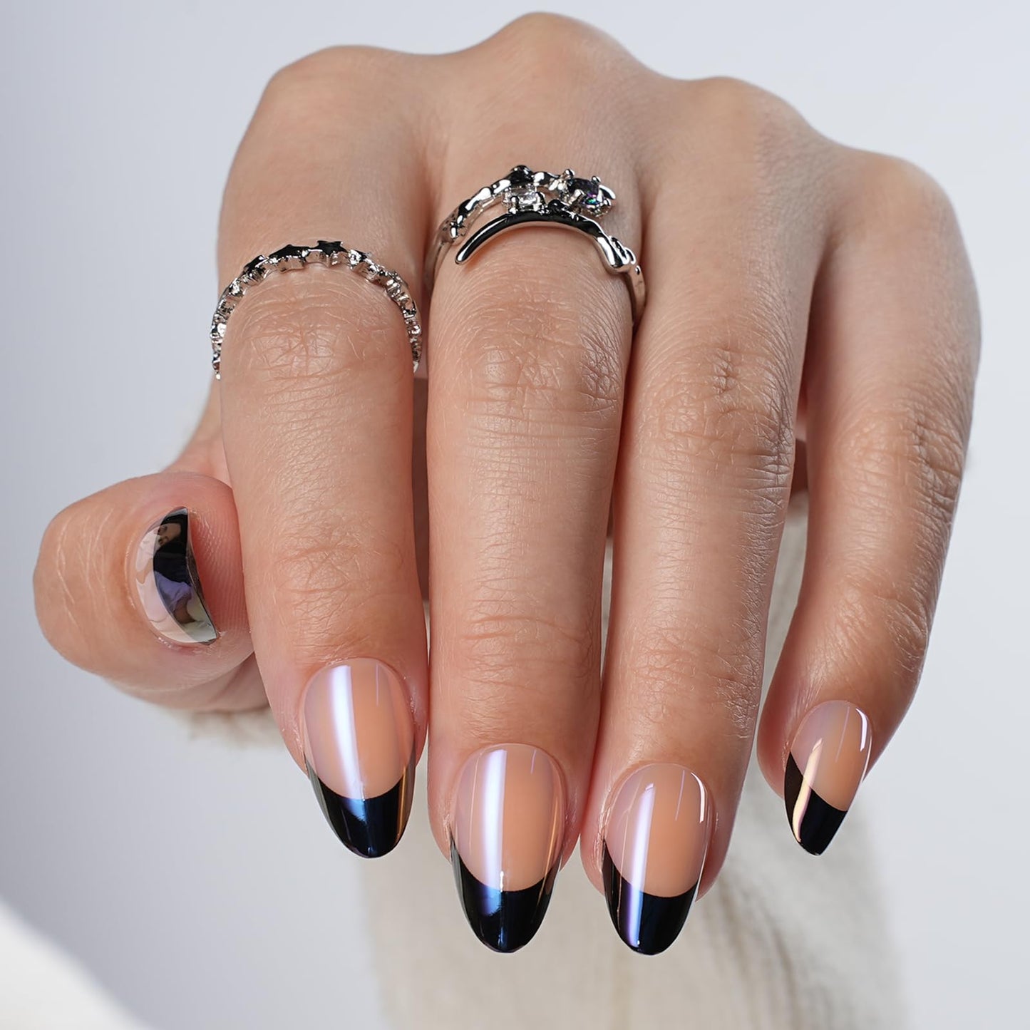 Chrome French Tip Press On Nails, Short Almond Glossy Blue Mirror Fake Nails, Reusable Nail Set with Glue for Women, 32pcs in 16 Sizes, Great for Everyday Wear