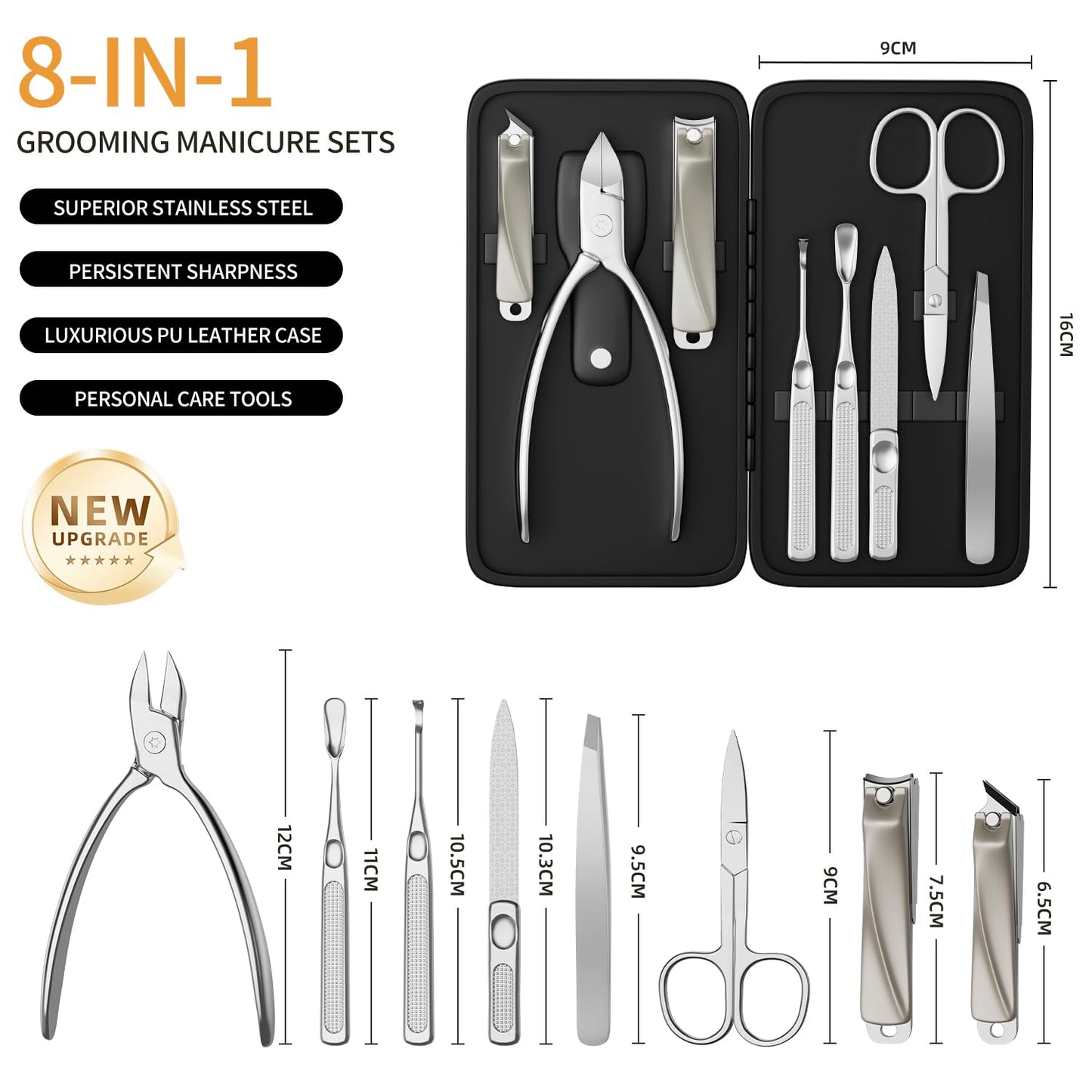 ESSBES Precision Nail Grooming Manicure Sets Pedicure Kits Stainless Steel Nail Clipper Personal Care Tools with PU Leather Case