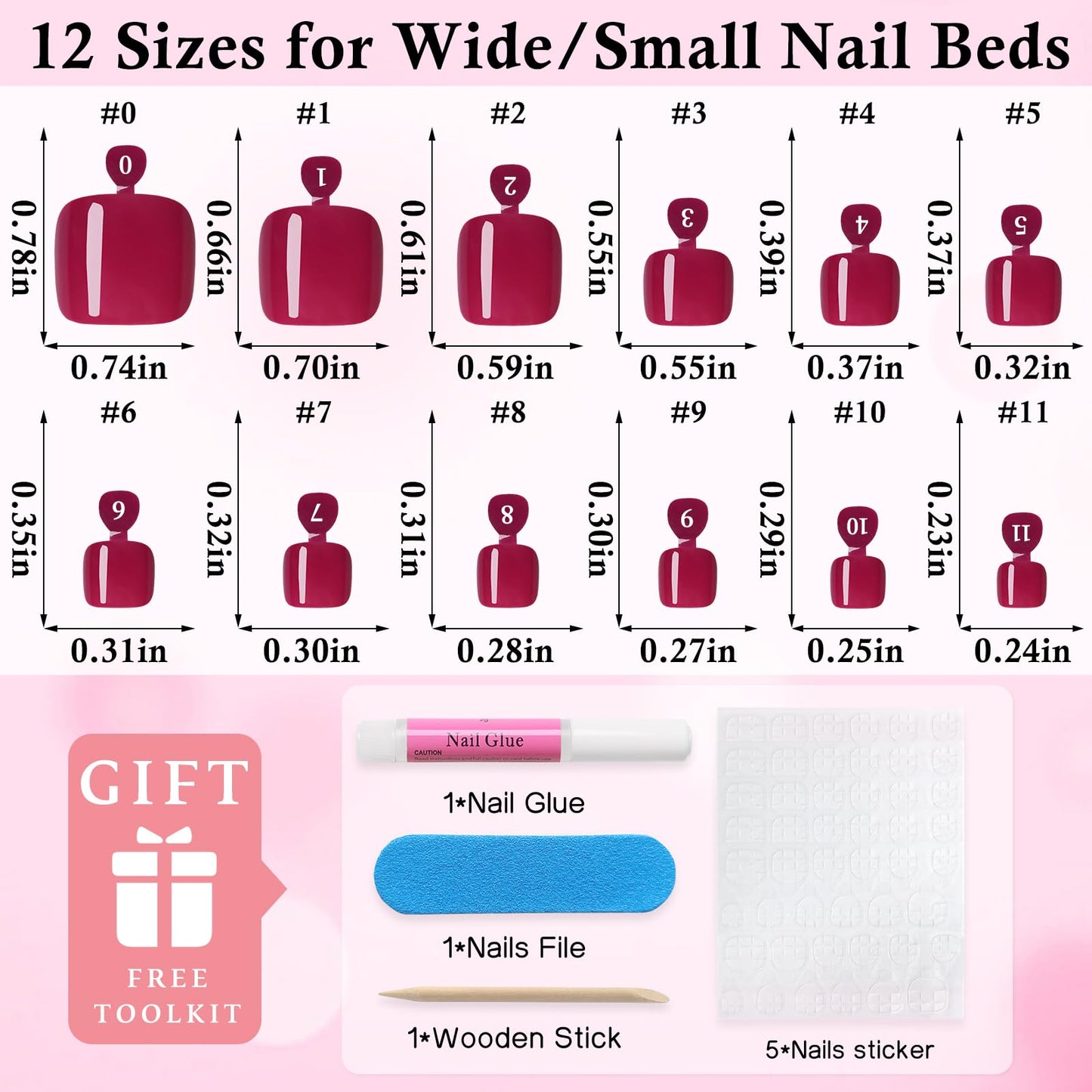 120pc Press on Toenails Women Fake Toe Nail Press ons,Wine Red Acrylic Toenail Press ons Toes Nails Fake Toenails Glue on Toe Nail Tips 12 Sizes Toe Press-on Pedicure Presson False Nails for Feet
