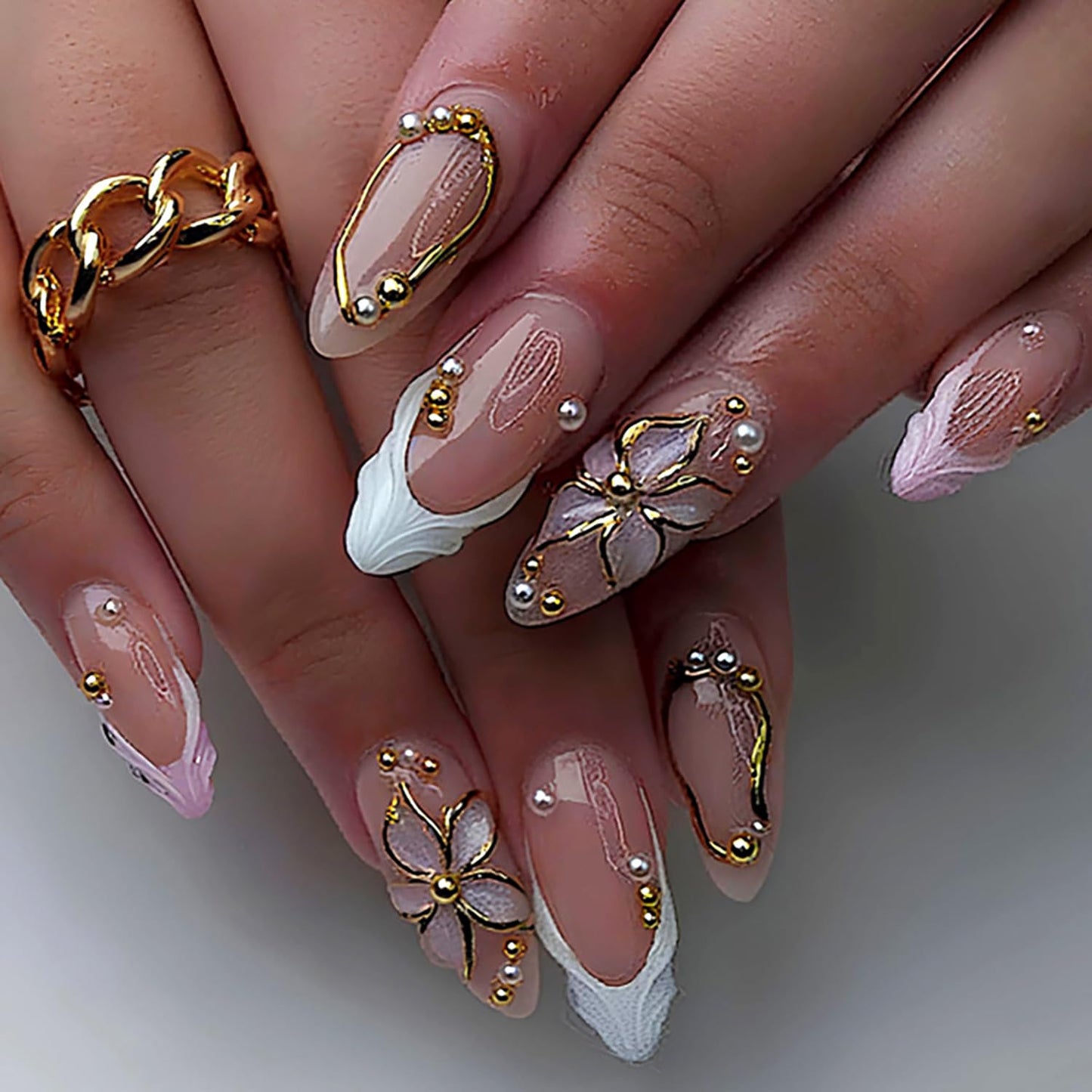 Flower Press On Nails Medium Almond Spring Fake Nails With 3D Flower Pearls Design French Nail Press Ons Gold Hollow-Out Pink Stick On Nails Glossy Summer Acrylic Glue On Nails For Women 24Pcs