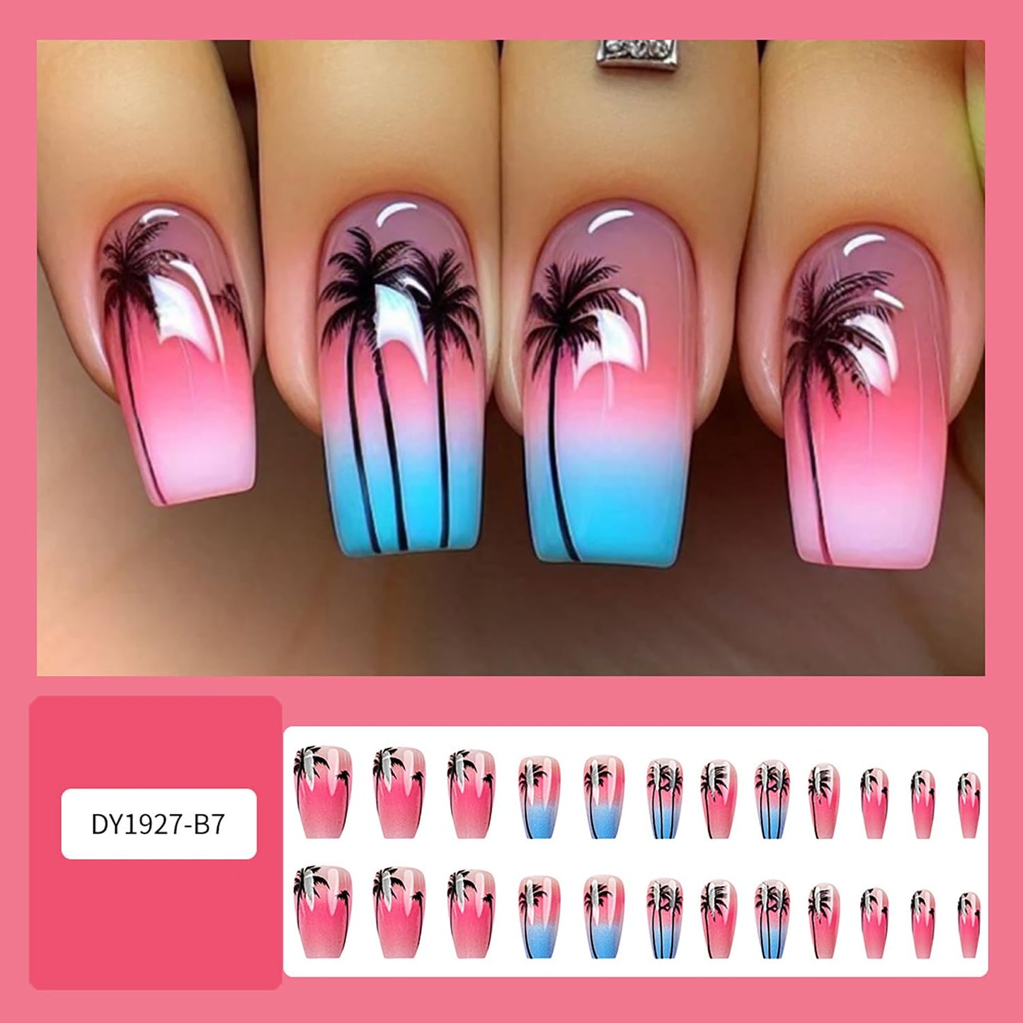 24Pcs Coconut Tree Press on Nails Medium Ballet Shaped Blue Pink Gradient Acrylic Fake Nails Full Cover Glossy Summer Artificial Nail Medium Press Ons Stick on Nails DIY Glue on Nails for Women