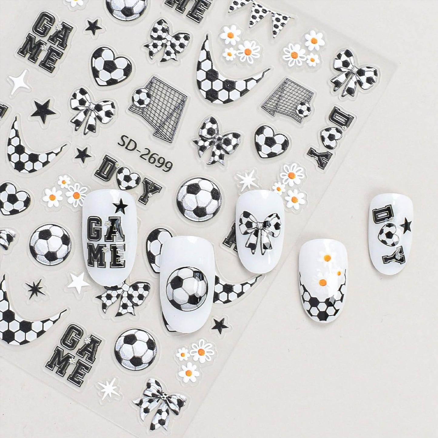 Football Nail Stickers World Cup Nail Stickers for Nail Art Black White Nails Decals with Flower Design Nails Charms Supply for Women Manicure Decoration Accessories