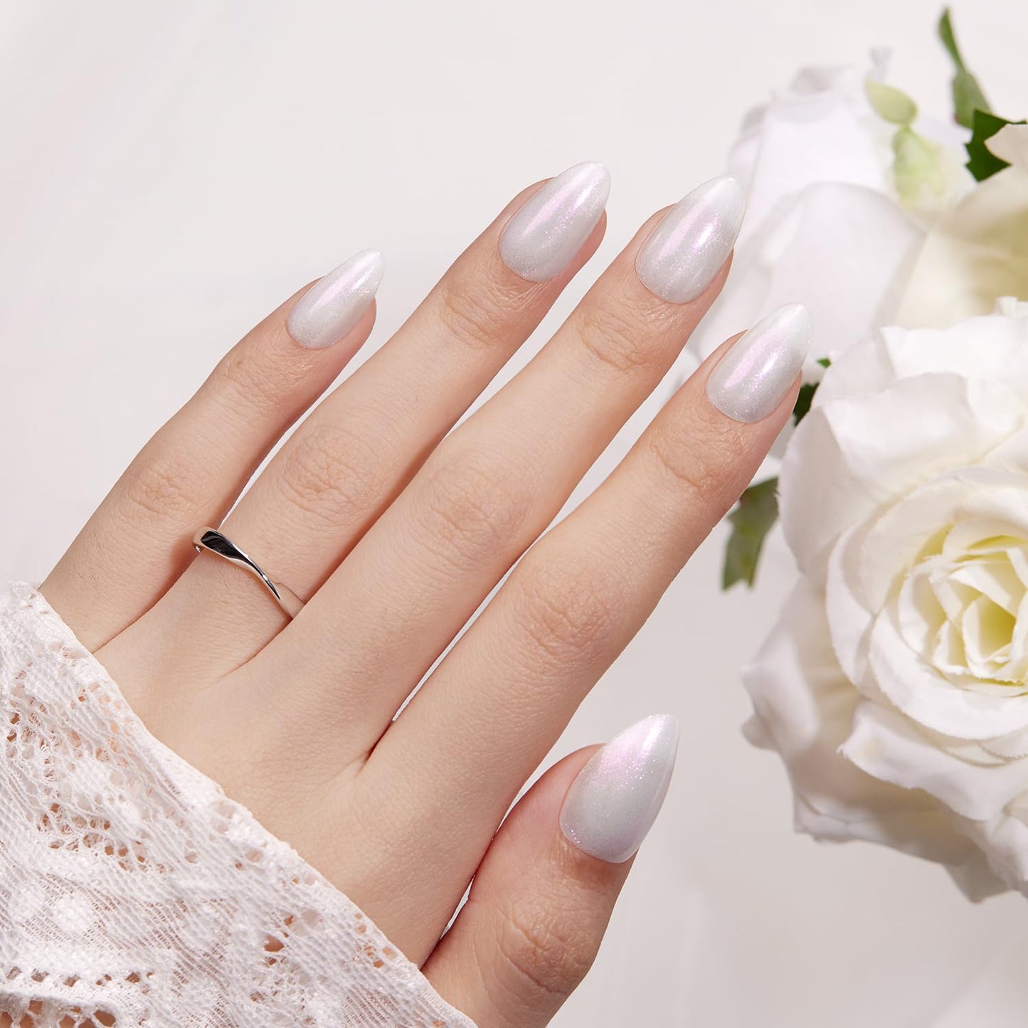 VSALON Press On Nails Short Almond, Shimmer White Opaque Fake Nails & Blue Cat Eye Mini Pack
