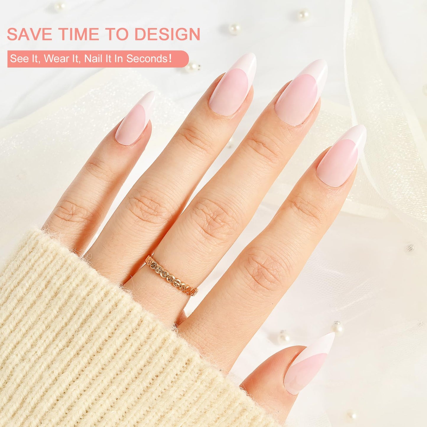 Jellyqueen White French Tips 150 Pcs Pink Medium Almond Press On Nails Fake Nails，Soft Gel Nail False Nails Art DIY 15 Sizes Gifts For Women(A18-02-09)