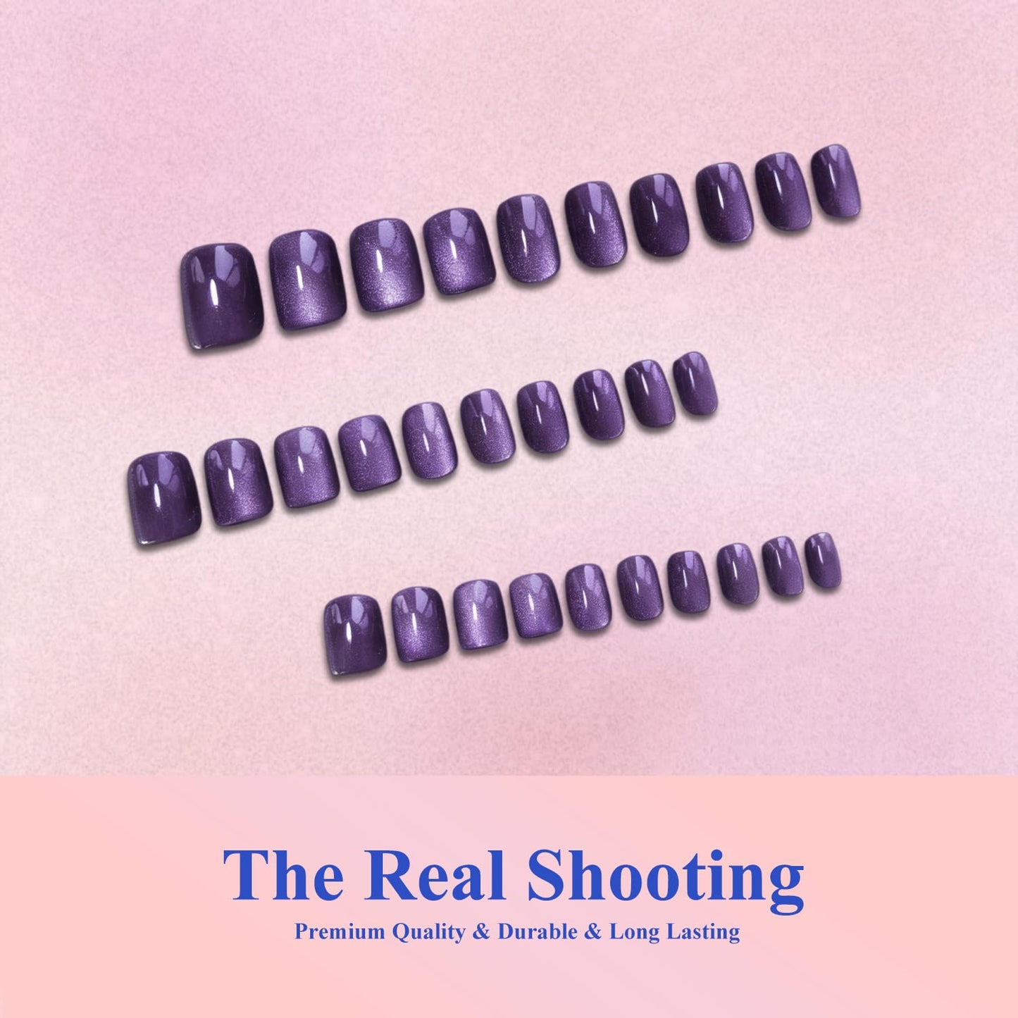 KQueenest Cat Eye Press On Nails Short - Dark Purple Press On Nails Square, 30 Pcs 15 Sizes Sparkly Glitter Fake Nails Press ons, Thick Quality, Reusable Small Glue on Nail for Women Summer