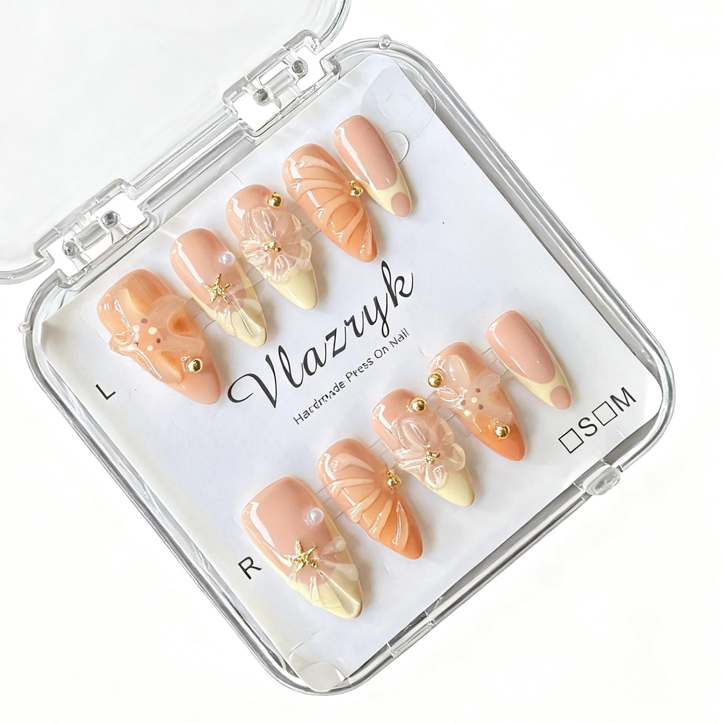 Handmade Press On Nails, Medium Almond Fake Nails with 3D Flowers & Metal Charms, Reusable Full Cover Acrylic Nails,Luxury Orange-Yellow Gradient French Tips for Women.(10PCS Size S)