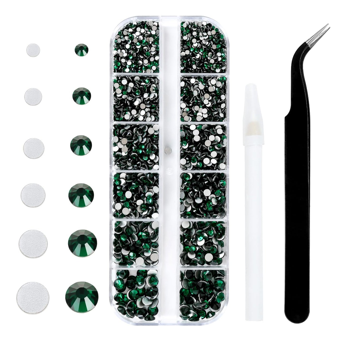 Meibite Green Glass Flatback Rhinestones for Nails, Crafts & Clothes – 4240PCS 6 Sizes (SS6–SS20) Crystal Gems Kit with Tweezers & Picker, Non Hotfix DIY Rhinestones for Tumblers, Shoes, Nail Art