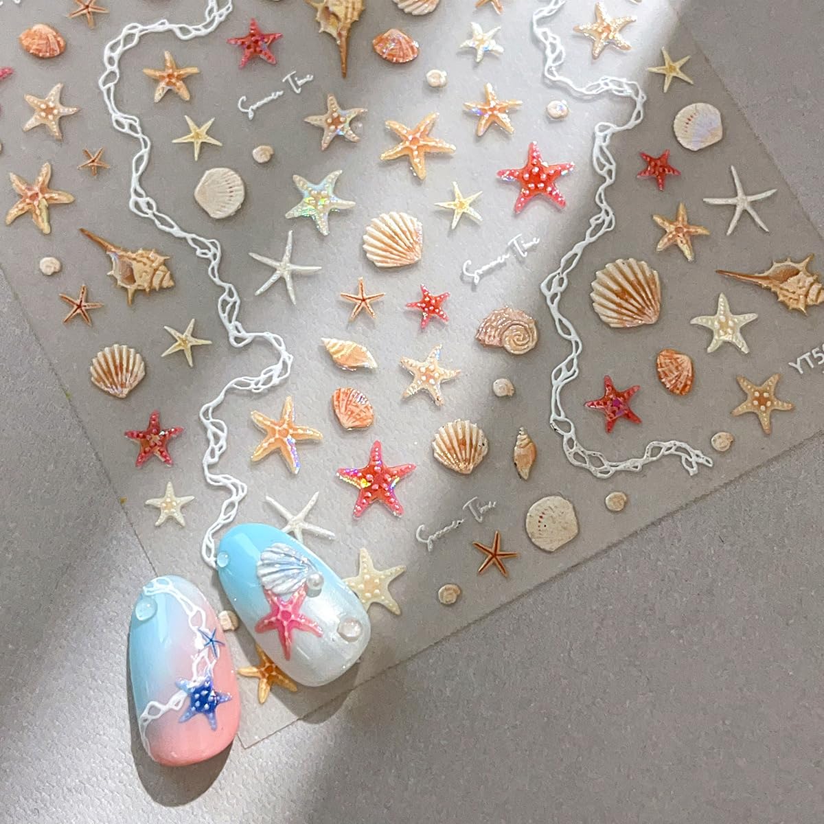Summer Nail Art Stickers Shiny Shells Starfish Nail Decals Mermaid Conch Beach Design 5D Embossed Self Adhesive Nails Supplies Summer Sea Theme Nail Art Decoration for Women Manicure Accessories,2Pcs
