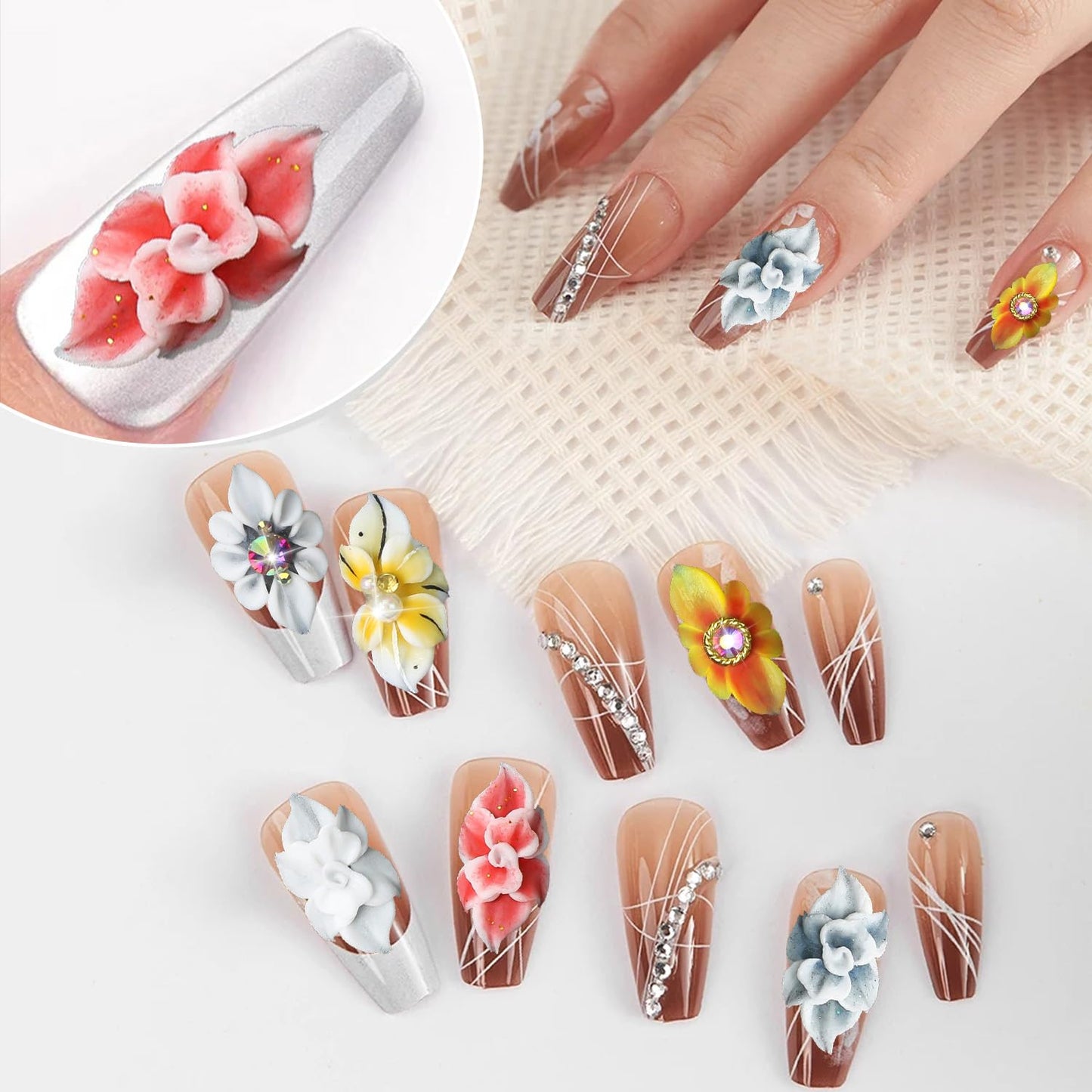 DANNEASY 12pcs Acrylic Flower for Nails 3d Simulation Nail Flowers 3d Floral Nail Charms with AB Rhinestones Flower Charms for Nails Decor Resin Nail Art Decoration