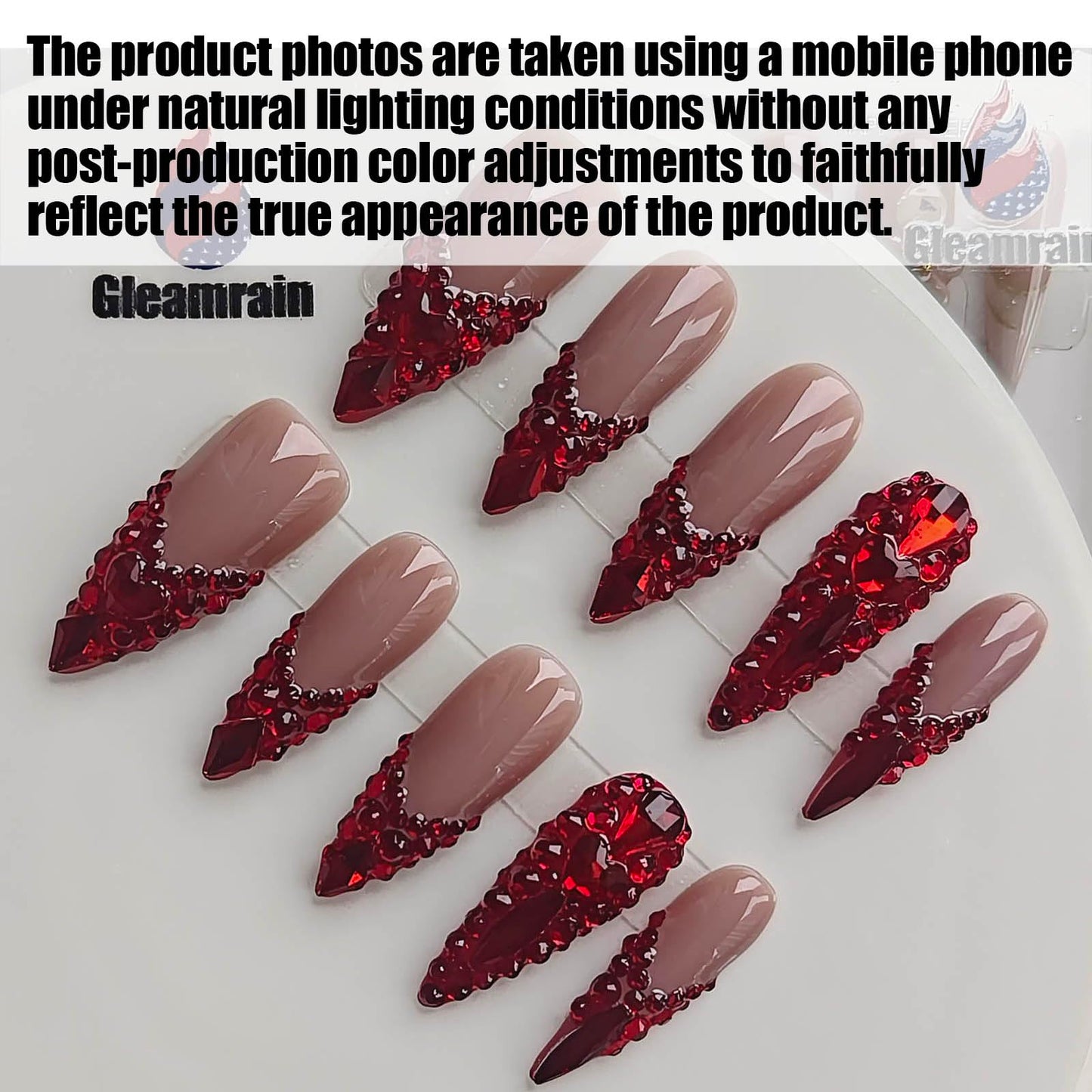 Gleamrain French Stiletto Press on Nails Nude Base Red Rhinestone Decor Glamorous for Prom and Party Birthday Gift for Women M Size 1132HD