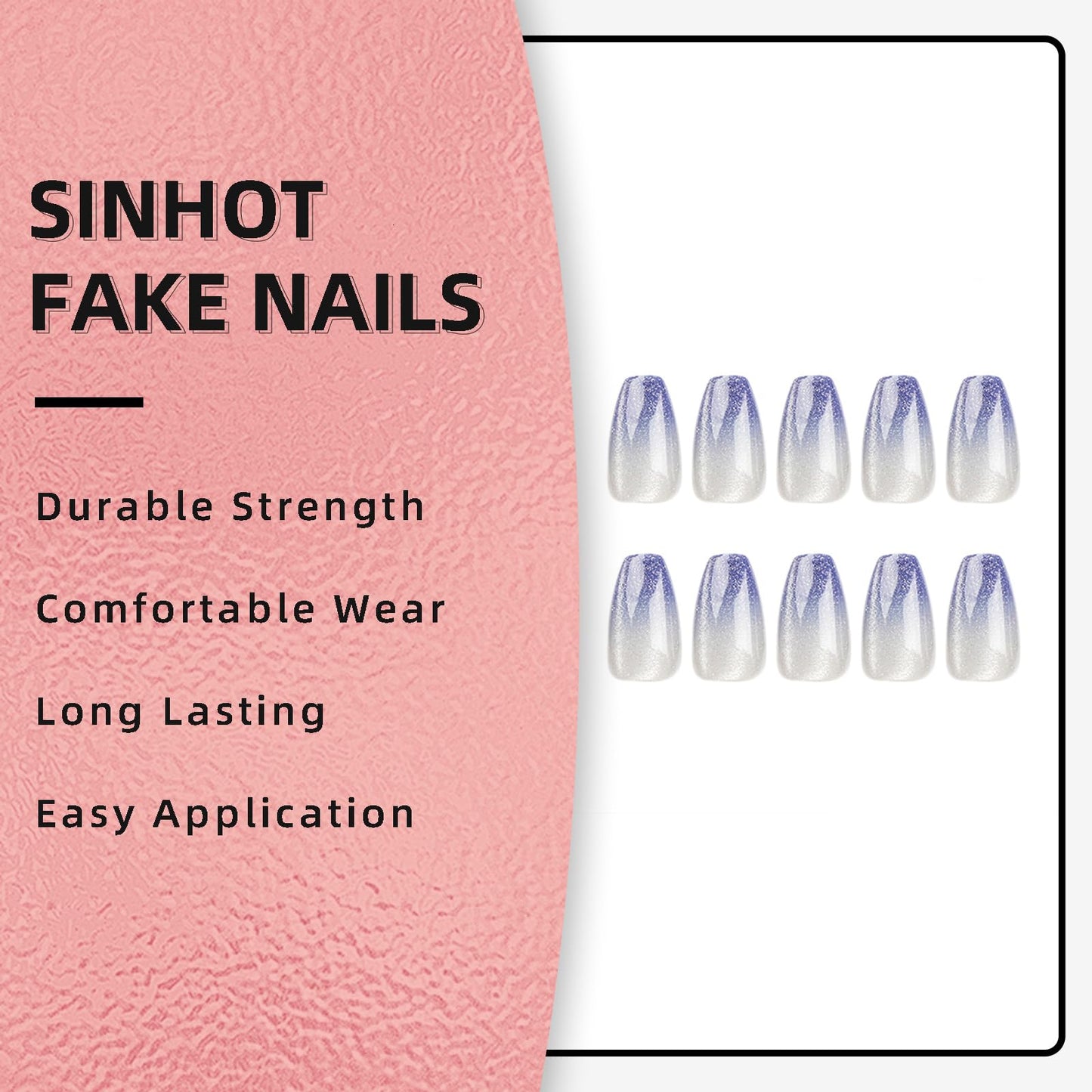 SINHOT Medium Coffin Press On Nails - Glossy Blue Ombre Acrylic Ballerina Artificial Nails With Bling Cat Eye Design - 24 Pcs