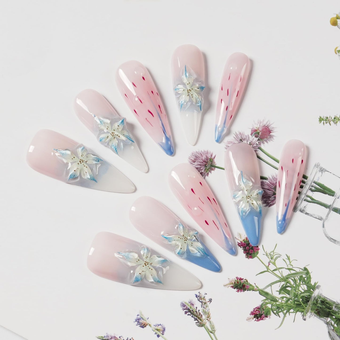 Tesytto 3D Floral Press On Nails Long Stiletto Fake Nails – Elegant Handmade Ombre Nail Art with Lilies Flowers Designs, Multi-Layer Gel Reusable Acrylic Nails for Women (3D Lily Ombre, S)