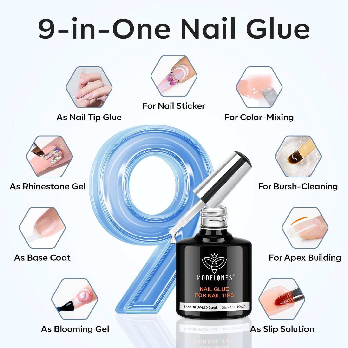 modelones X Nail Gel Kit Medium Almond, 9-in-One Nail Glue with Mini UV Light 216Pcs 12Sizes Pre-Etched Press ons Fake Acrylic Extension Kit DIY Salon Gift