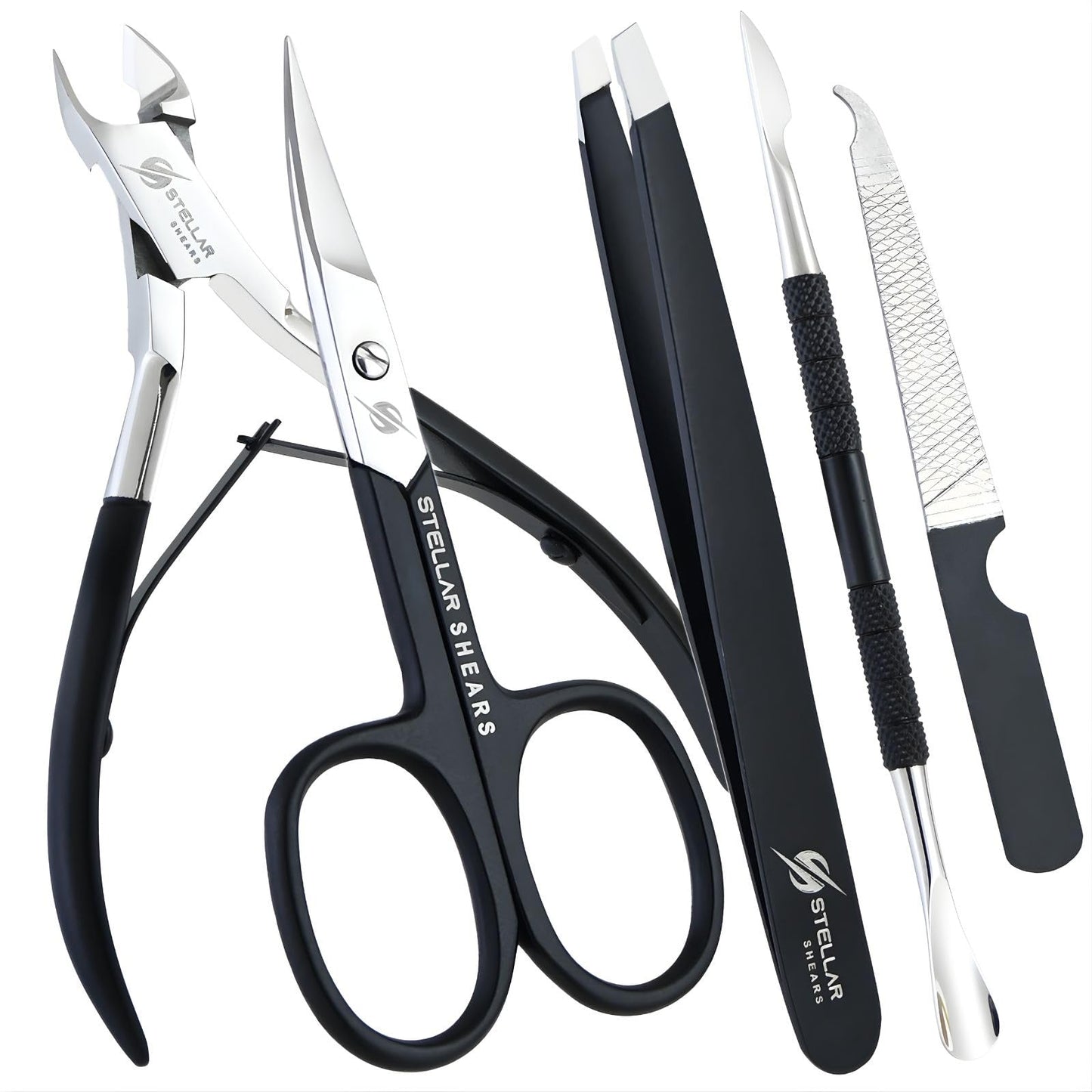 Stellar Shears 5-in-1 Cuticle Trimmer Set – Professional Cuticle Nipper, Scissors, Pusher, Tweezer & Nail File – Stainless Steel Manicure Pedicure Kit for Women, Salon & Home Nail Care (Matte Black)