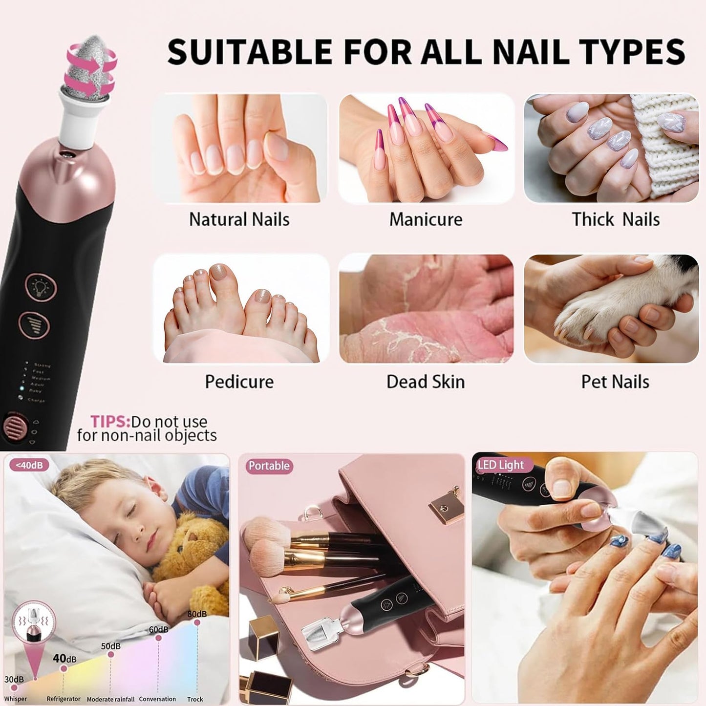 Professional Manicure Pedicure Kit, Cordless Electric Nail File Set, Rechargeable Pedicure Tools for feet, 5 Speeds Hand Foot Care Nail Drill for Thick Nail Toenail Cuticle Women Men Baby Pets