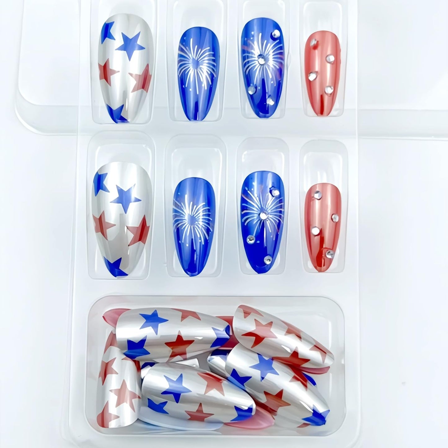 Independence Day Electroplating Press on Nails Medium Almond Fake Nails July 4th Fireworks False Nails with Rhinestones Design Stick on Nails for Women Girls Manicure Decoration 24 Pcs