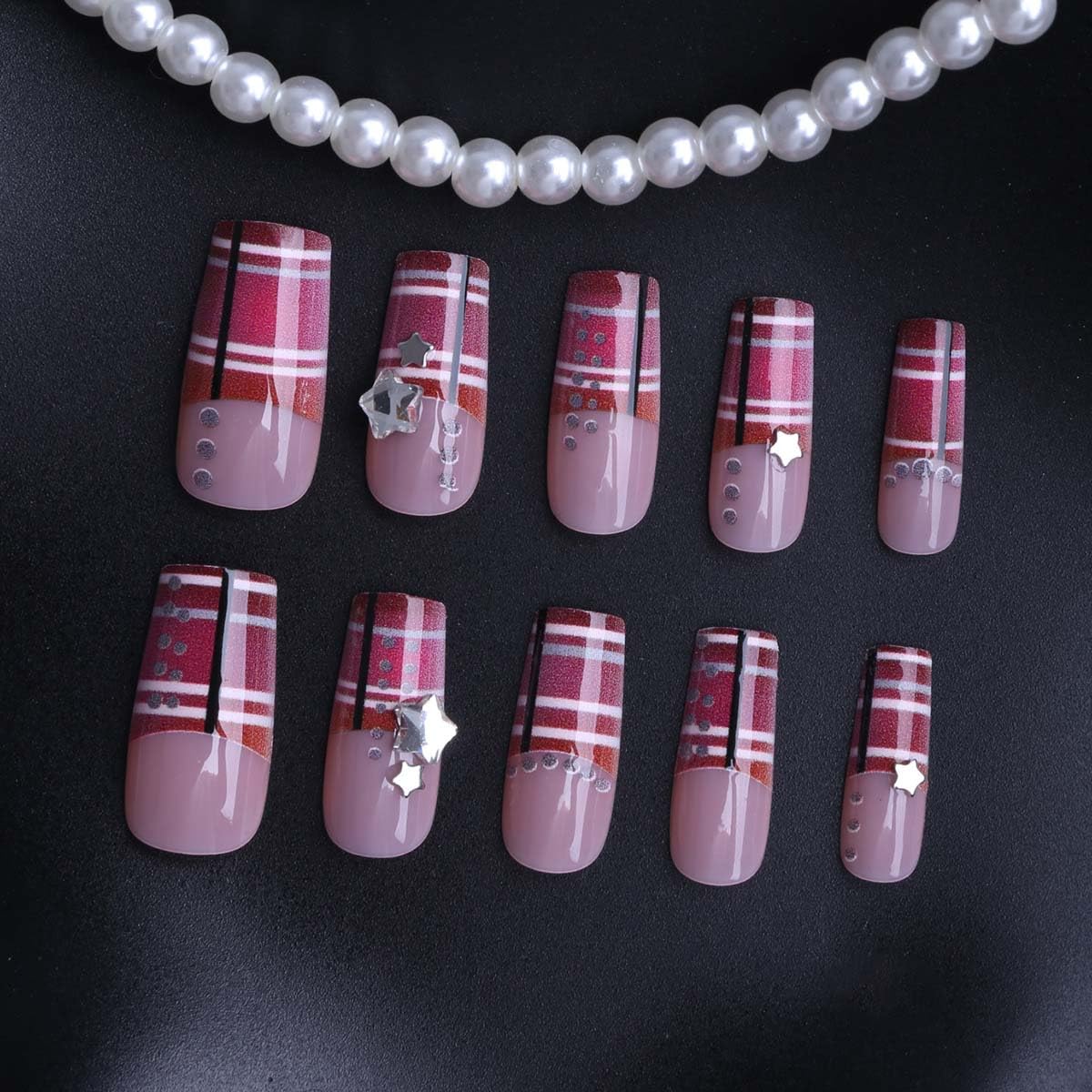 LINMEIZAI 24Pcs French Press on Nails Medium Square Pink Fake Nails Press ons Nail Tips, Stick on Nails Acrylic Nails Kit Star Gems False Nails Scottish Plaid Design Nail Art for Women Cheer Manicure